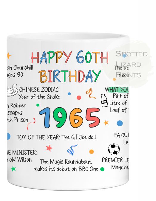 60th Birthday Mug – Born in 1965 Facts – Back in 1965 – Unique Gift for 60th Birthday – 60 Keepsake Mug for Him, Her, Friend, Son, Daughter