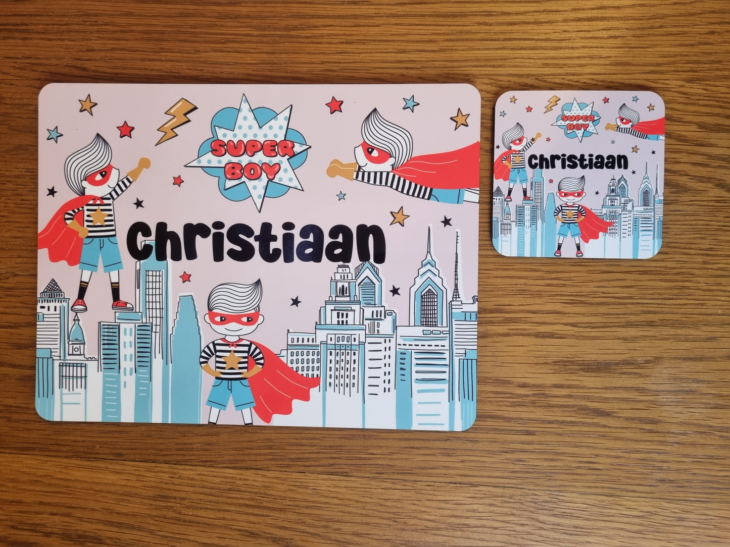 Children's placemat. Personalised dinner set. Superhero theme. personalised with a name.