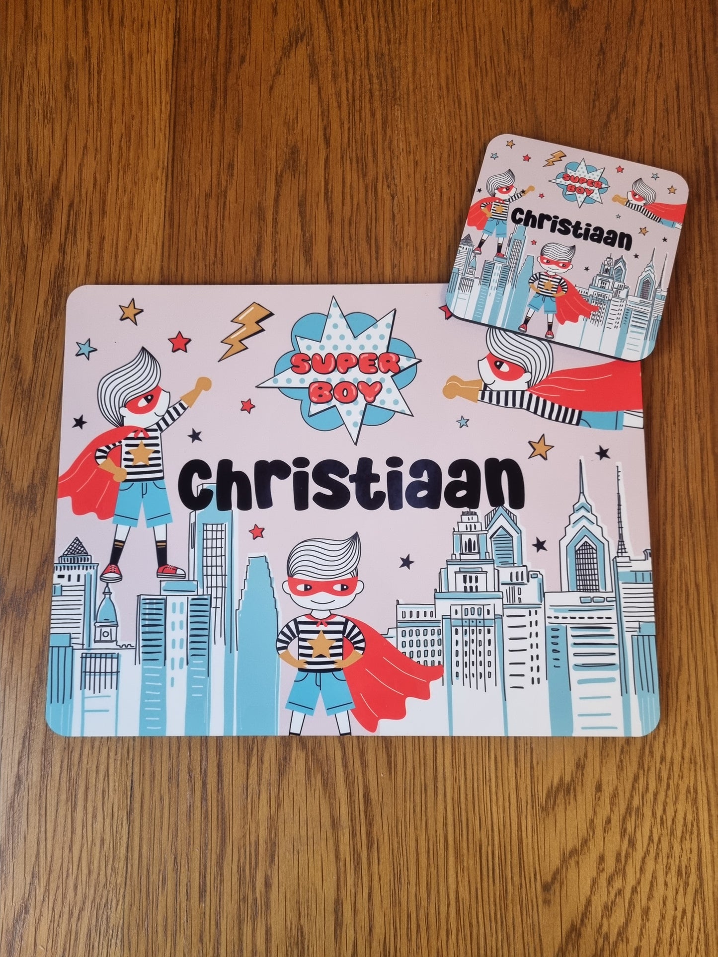 Children's placemat. Personalised dinner set. Superhero theme. personalised with a name.