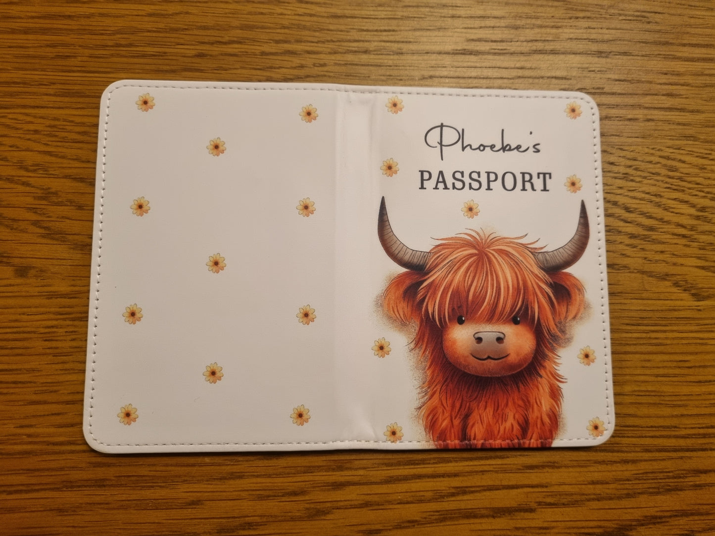 Highland Cow personalised passport cover. Personalised with name and initial. Highland Cow Gift.