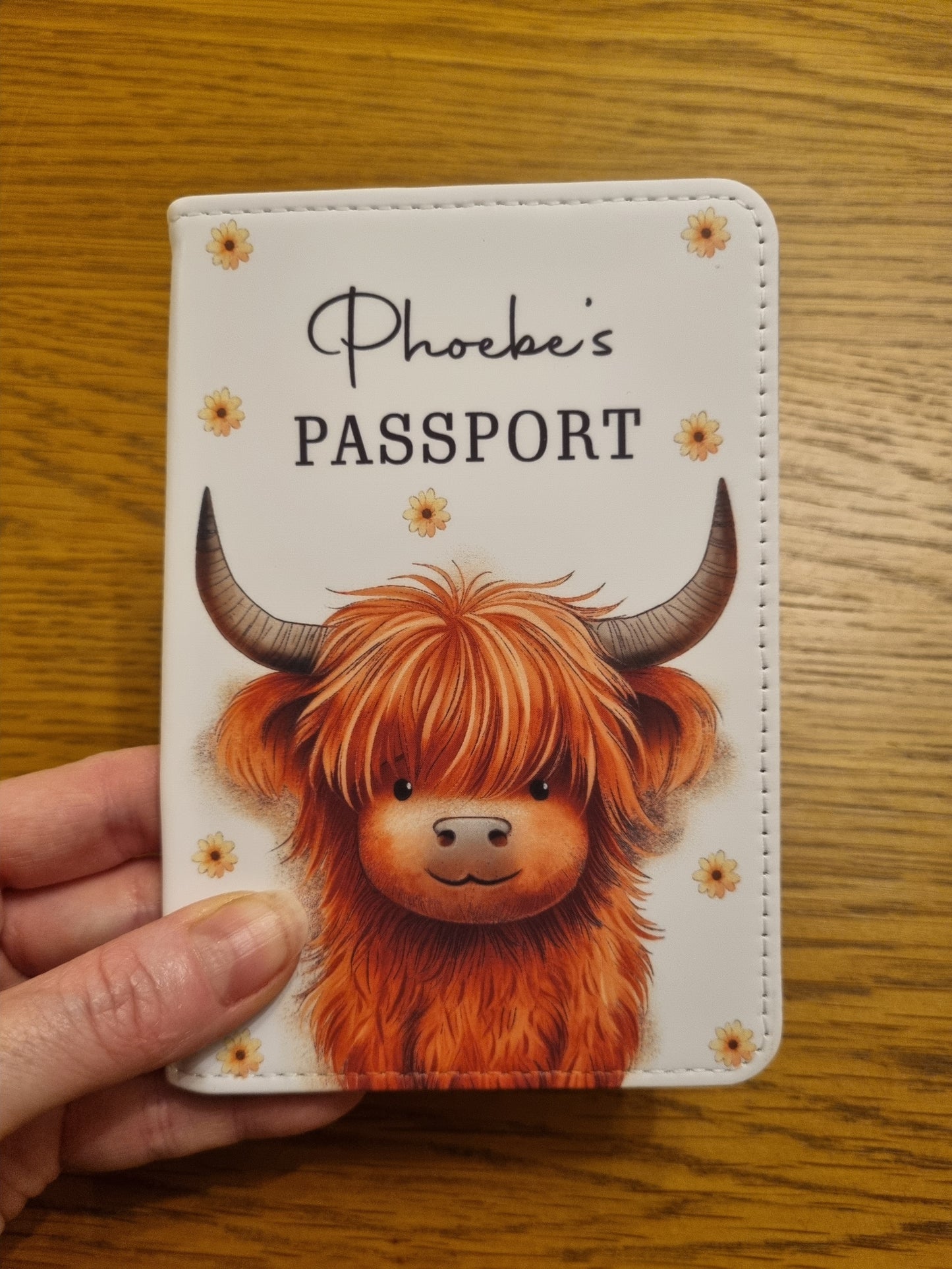 Highland Cow personalised passport cover. Personalised with name and initial. Highland Cow Gift.