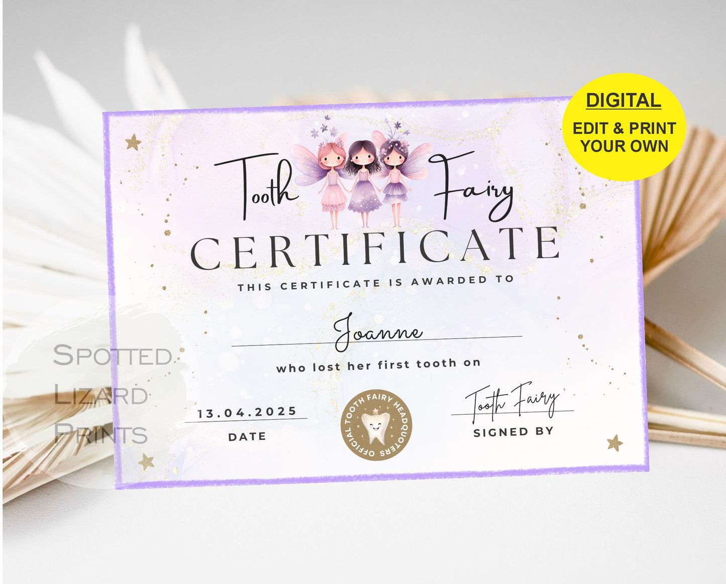 EDITABLE Tooth Fairy Certificate | First Tooth Lost | Kids Tooth Fairy | Lost Tooth Editable Template Printable Instant Download, Canva