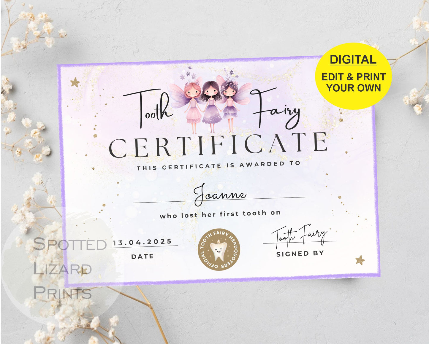 EDITABLE Tooth Fairy Certificate | First Tooth Lost | Kids Tooth Fairy | Lost Tooth Editable Template Printable Instant Download, Canva