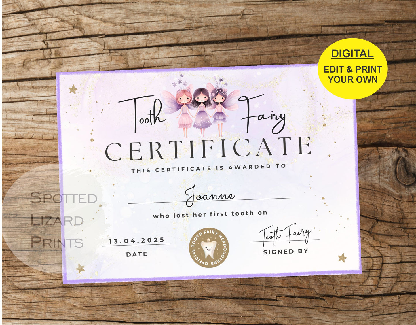 EDITABLE Tooth Fairy Certificate | First Tooth Lost | Kids Tooth Fairy | Lost Tooth Editable Template Printable Instant Download, Canva
