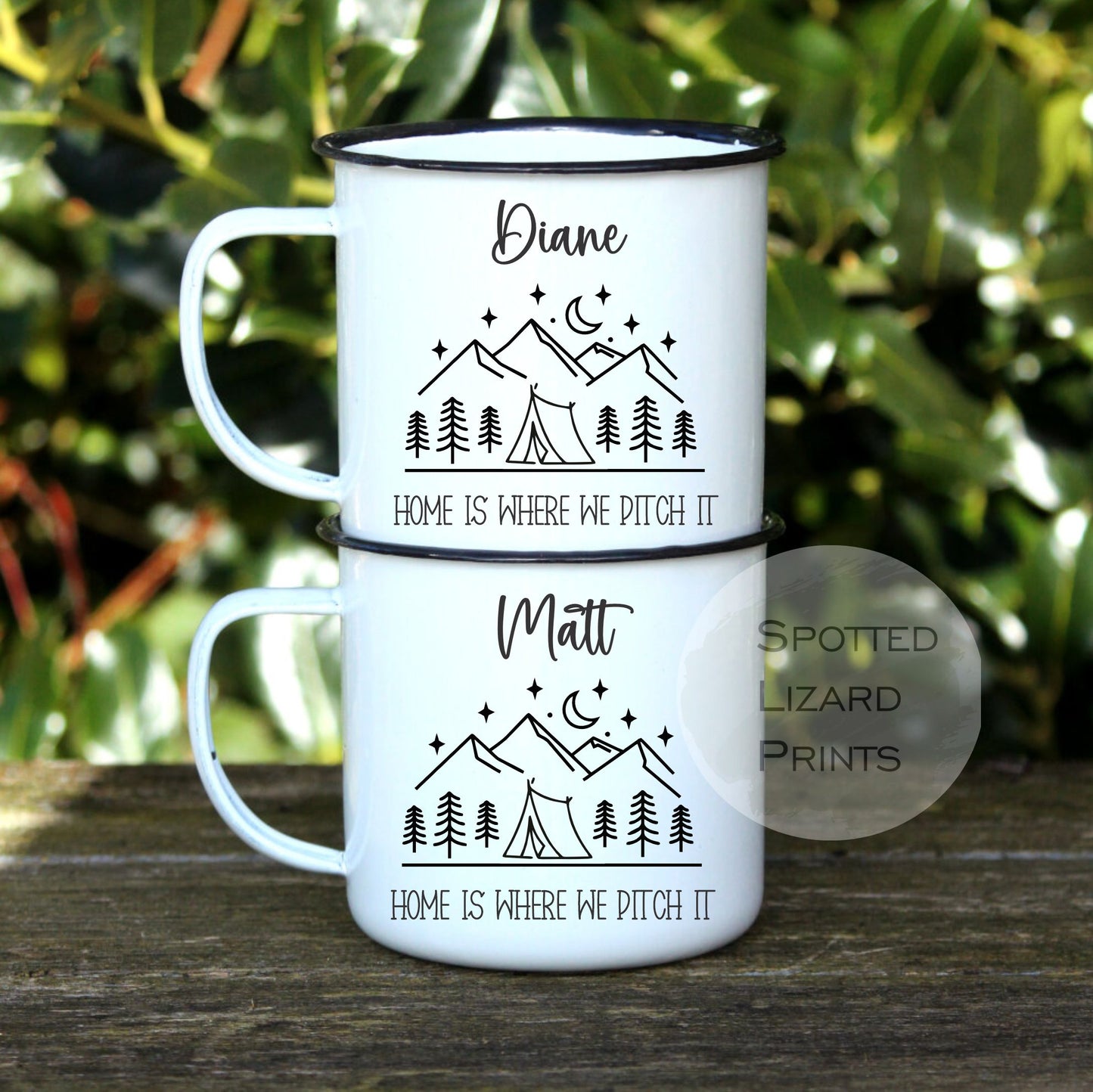 White enamel Mugs. Personalised for camping. Personalised with a name.