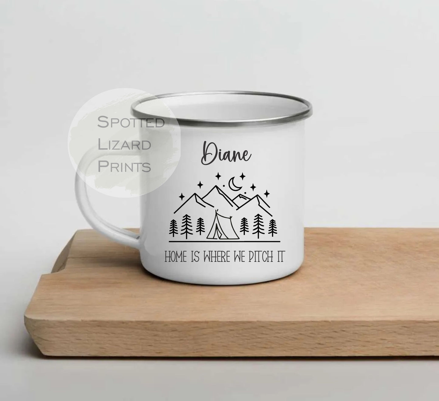 White enamel Mugs. Personalised for camping. Personalised with a name.