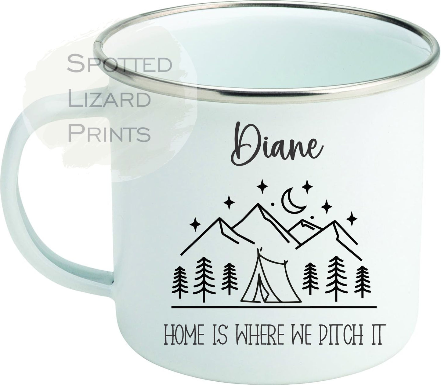 White enamel Mugs. Personalised for camping. Personalised with a name.