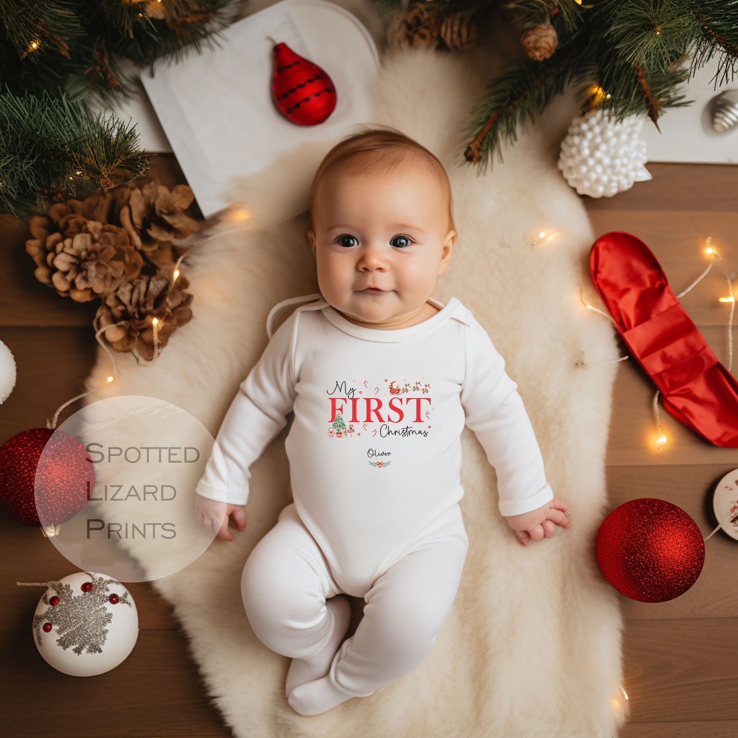 Babies my 1st Christmas Christmas personalised white Baby sleepsuit.