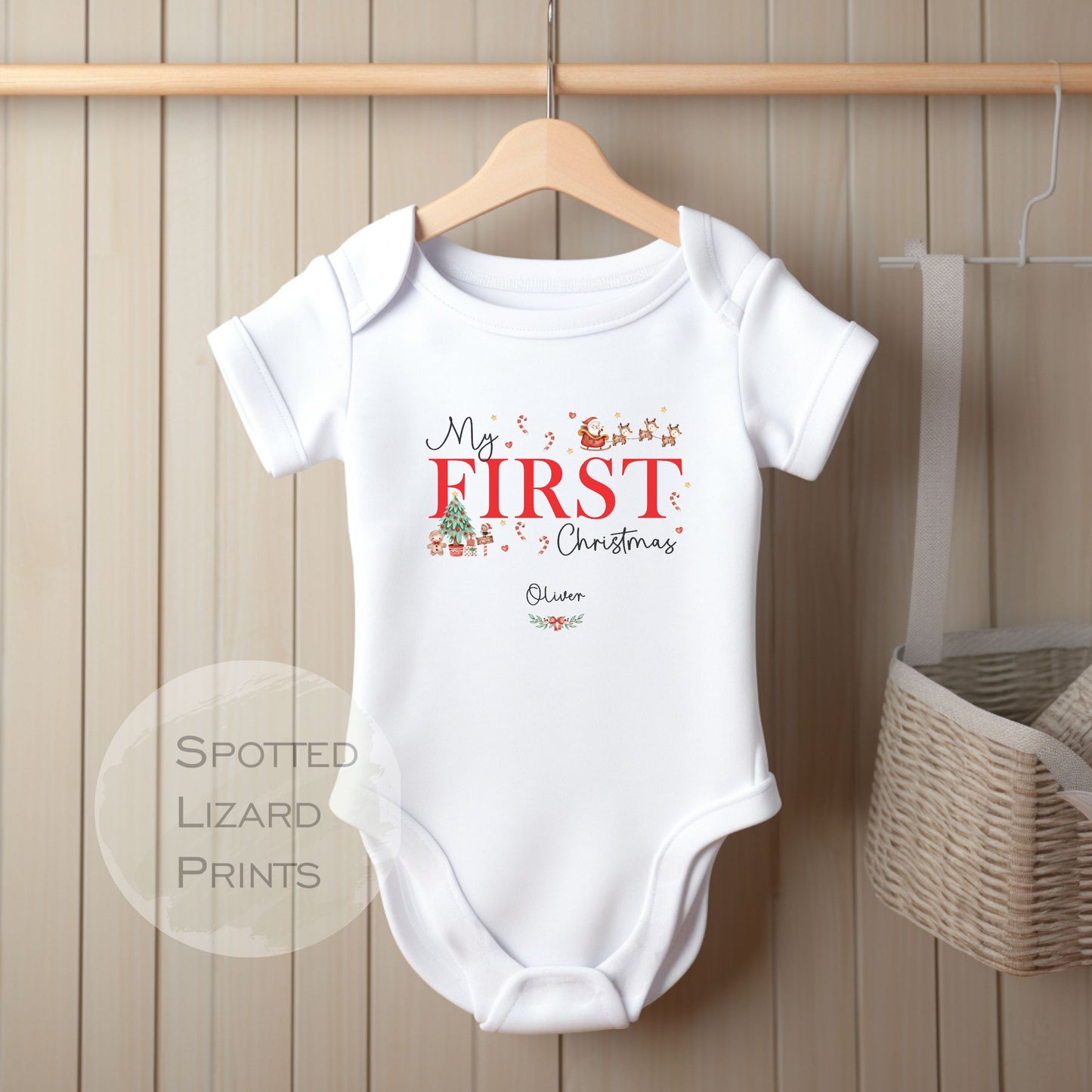 Babies my 1st Christmas Christmas personalised white Baby vest.