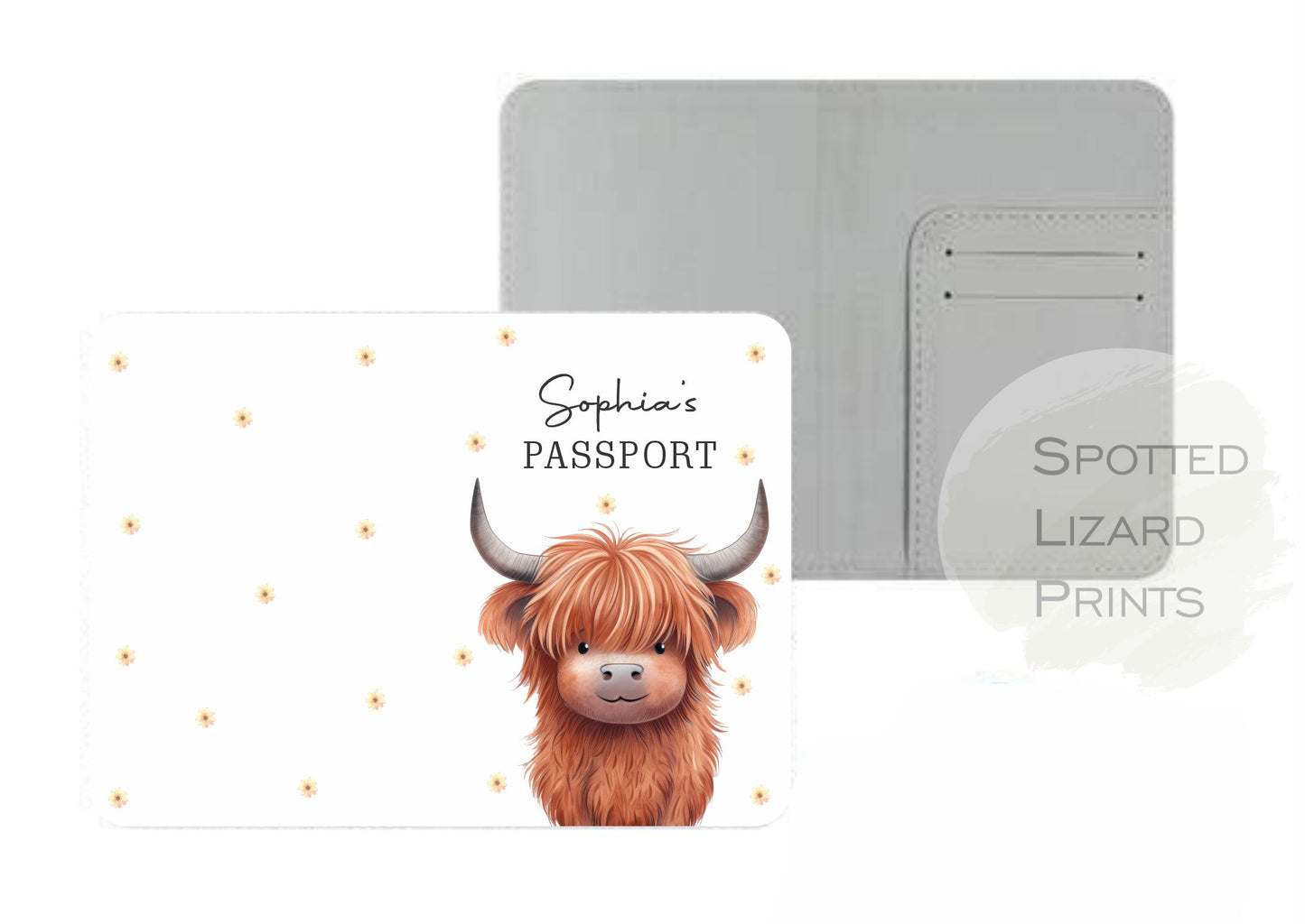 Highland Cow personalised passport cover. Personalised with name and initial. Highland Cow Gift.