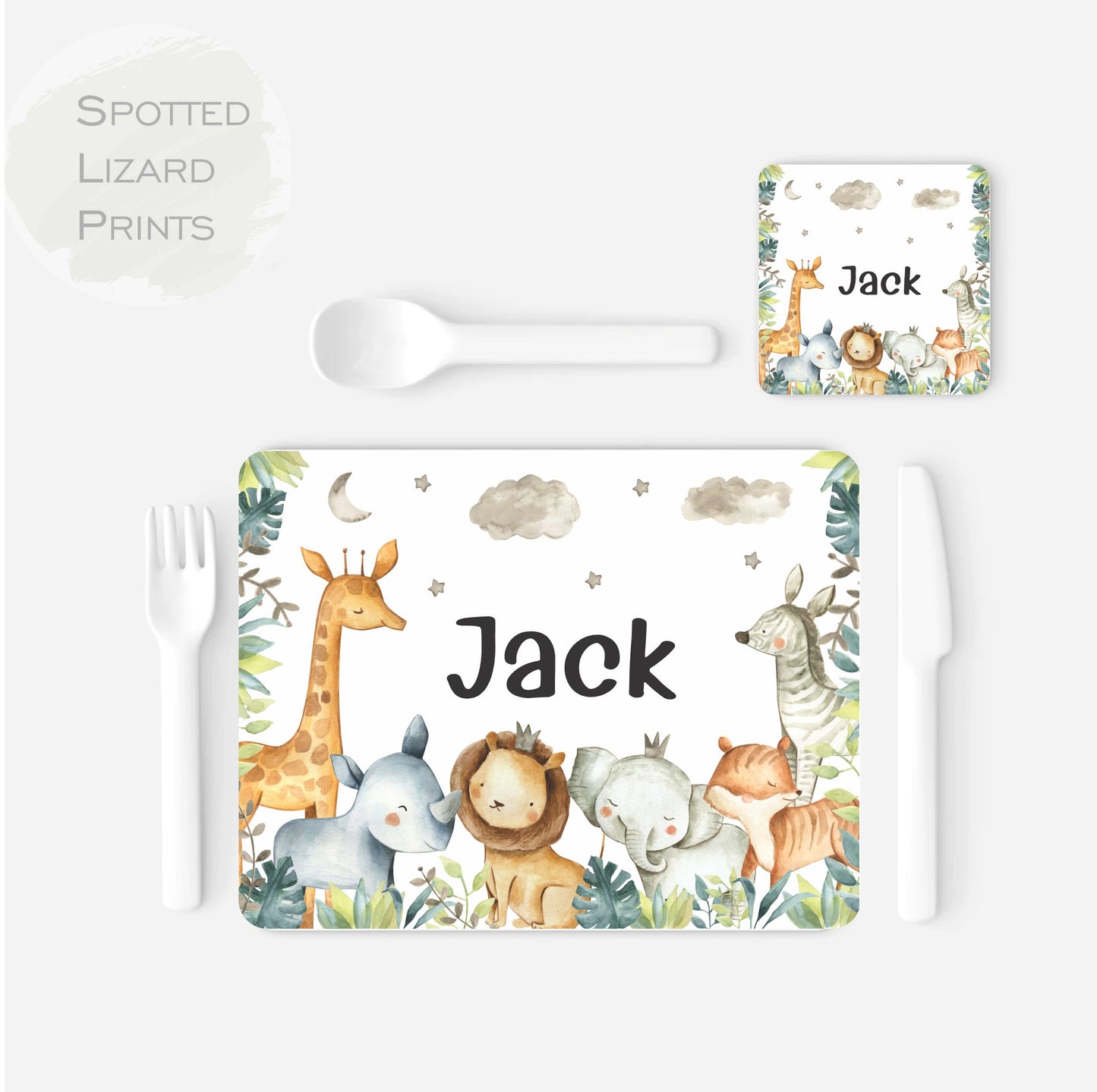 Children's placemat set. Personalised with a name. Safari theme.
