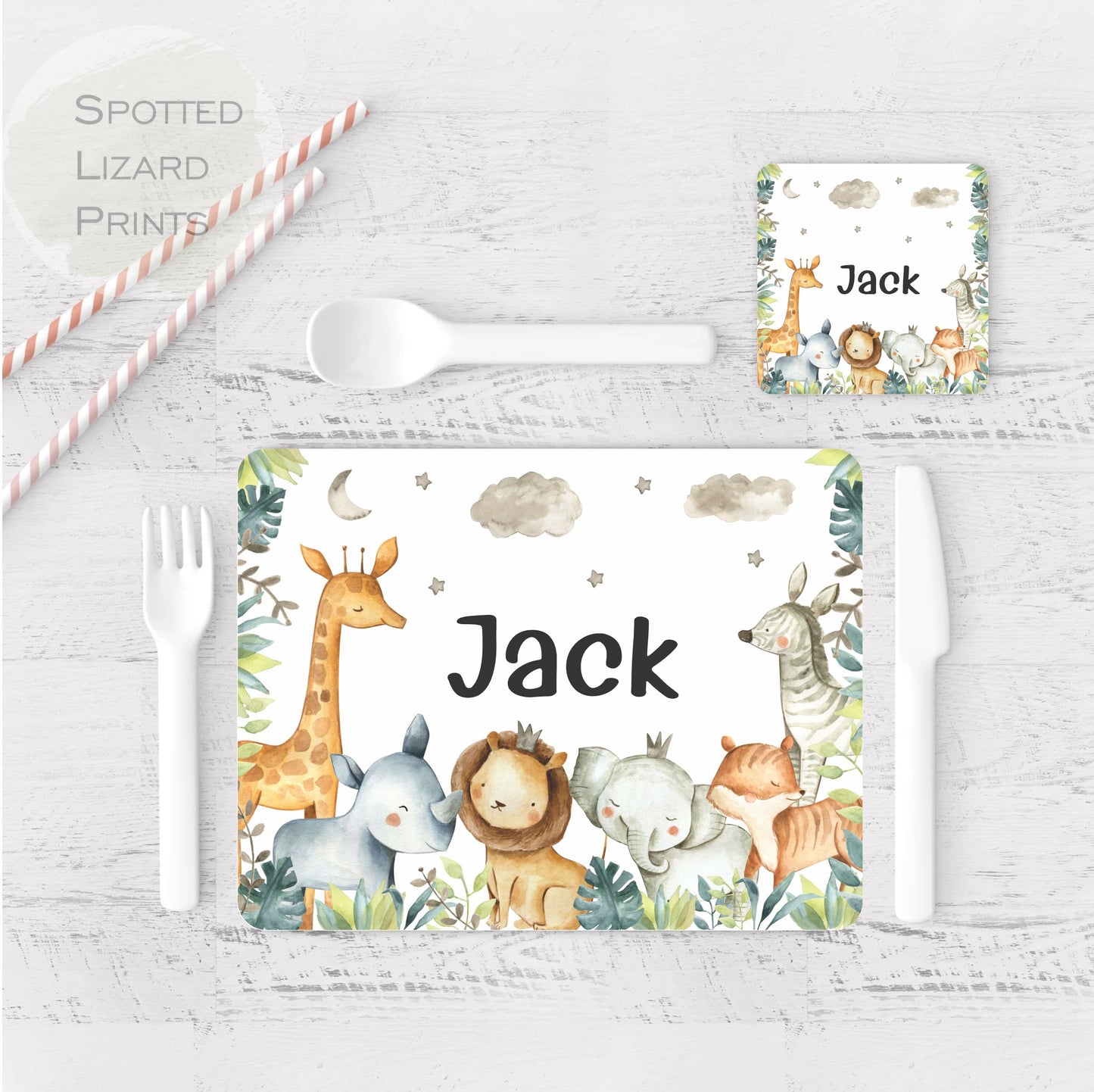 Children's placemat set. Personalised with a name. Safari theme.