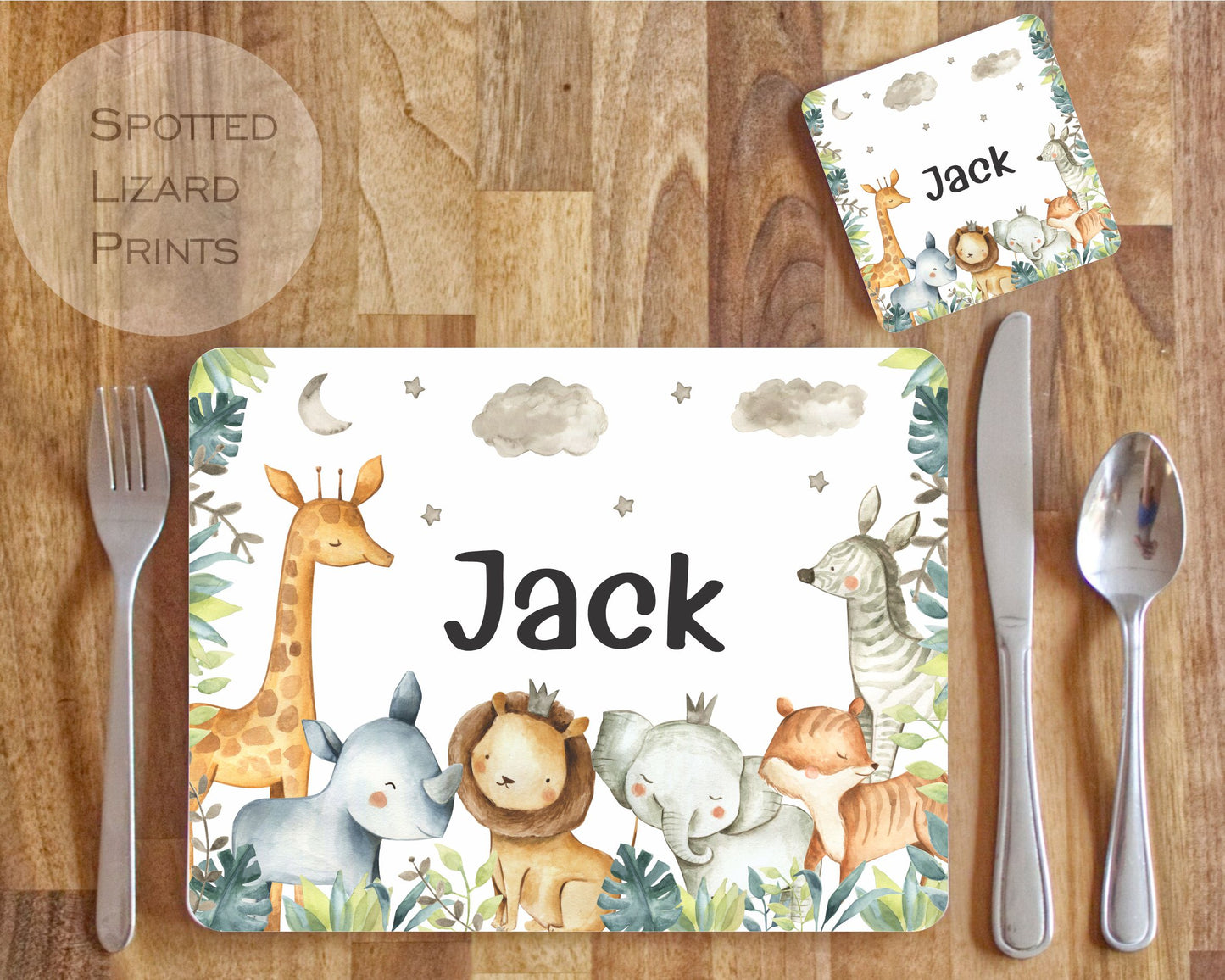 Children's placemat set. Personalised with a name. Safari theme.