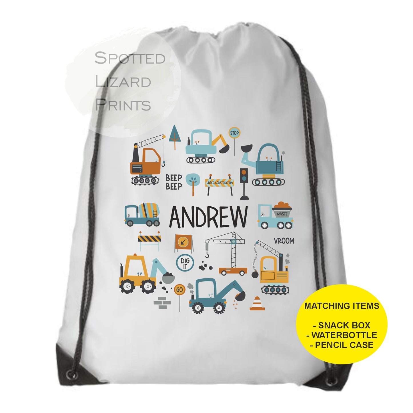 White drawstring Bag. Diggers. Personalised with a name.