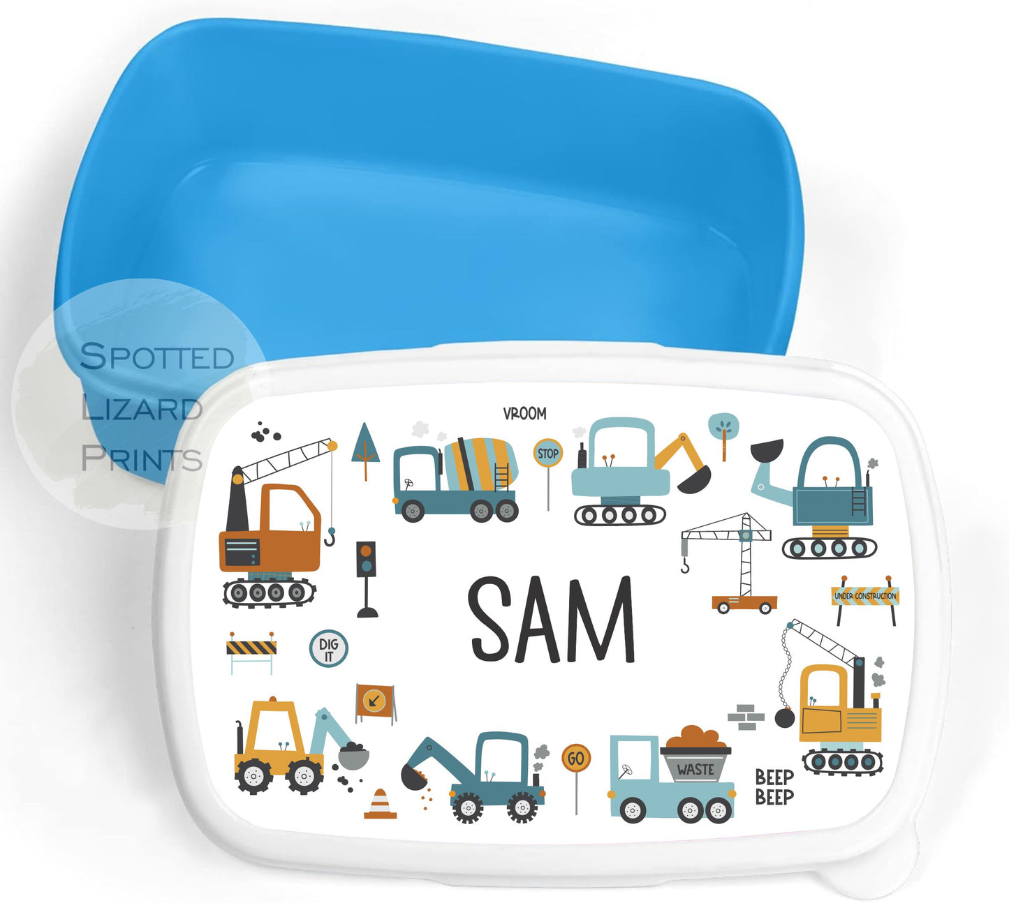 Blue Kids lunch Box. Diggers. Personalised with a name.