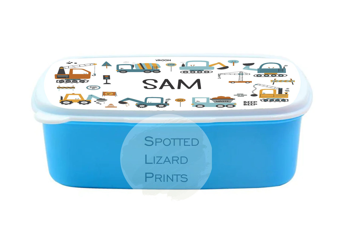 Blue Kids lunch Box. Diggers. Personalised with a name.