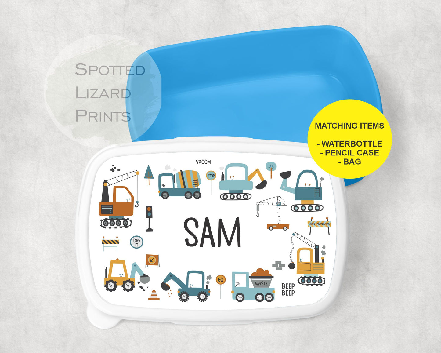 Blue Kids lunch Box. Diggers. Personalised with a name.