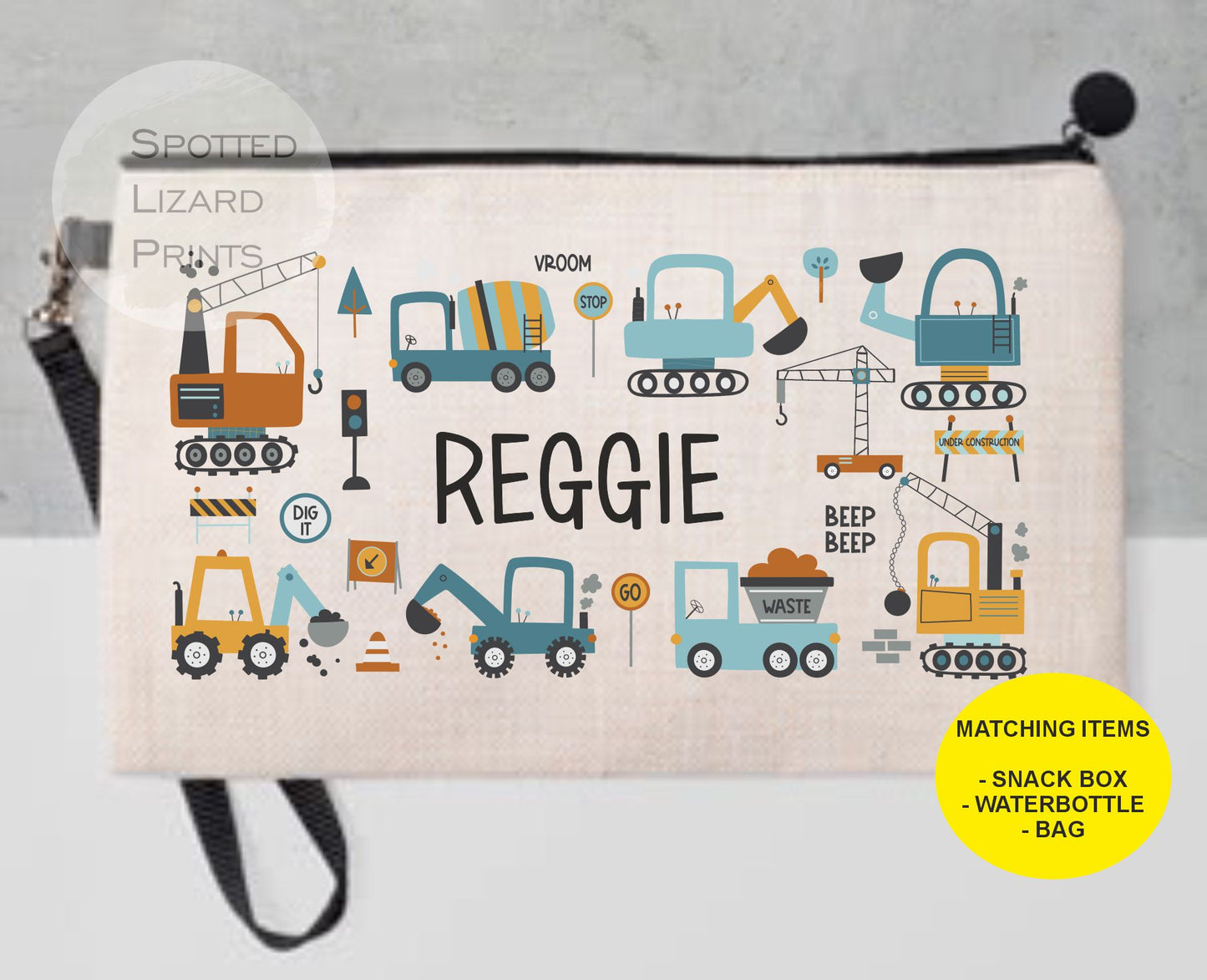 Pencil case. Diggers. Personalised with a name.