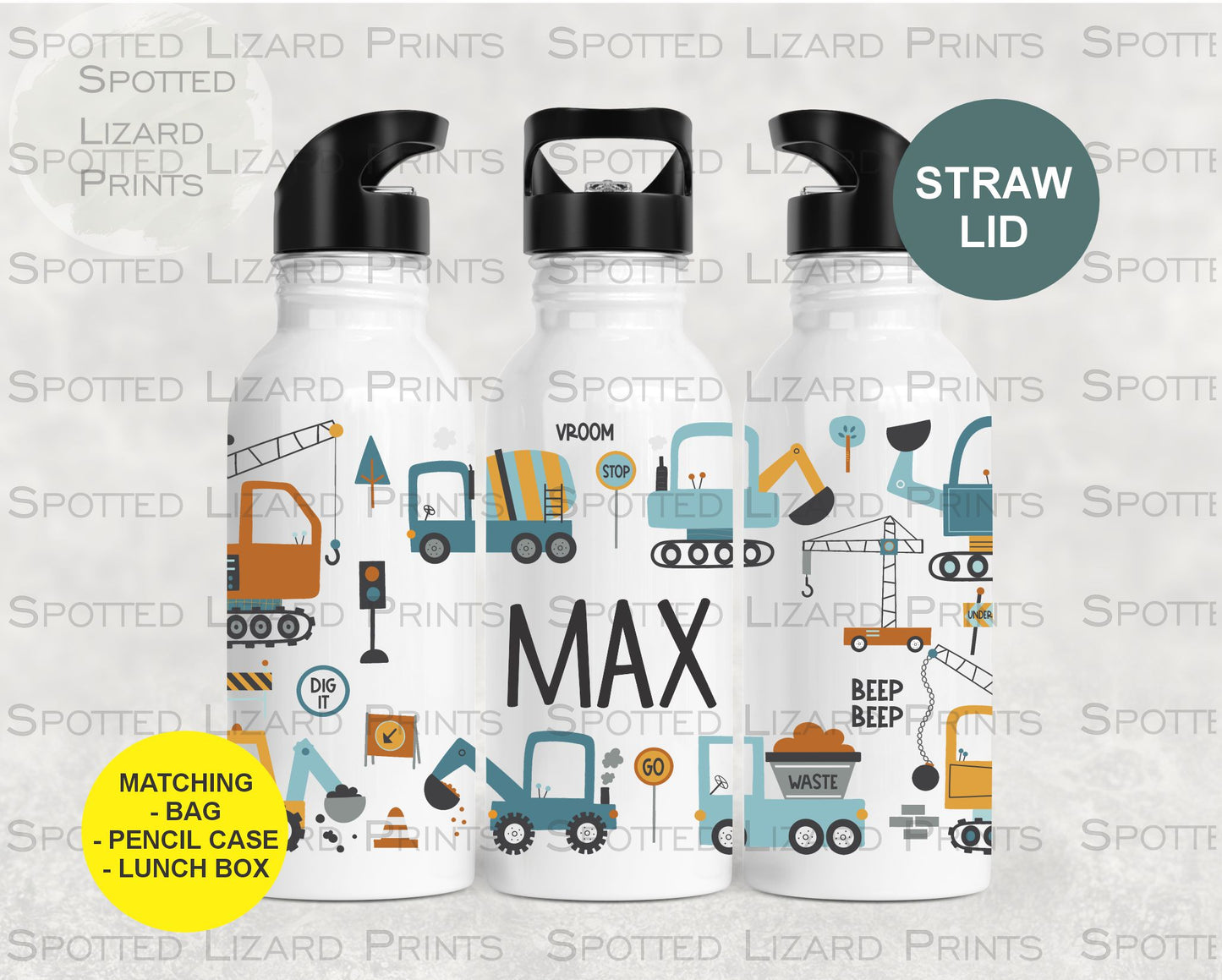 Aluminium water Bottle. Diggers. Personalised with a name.