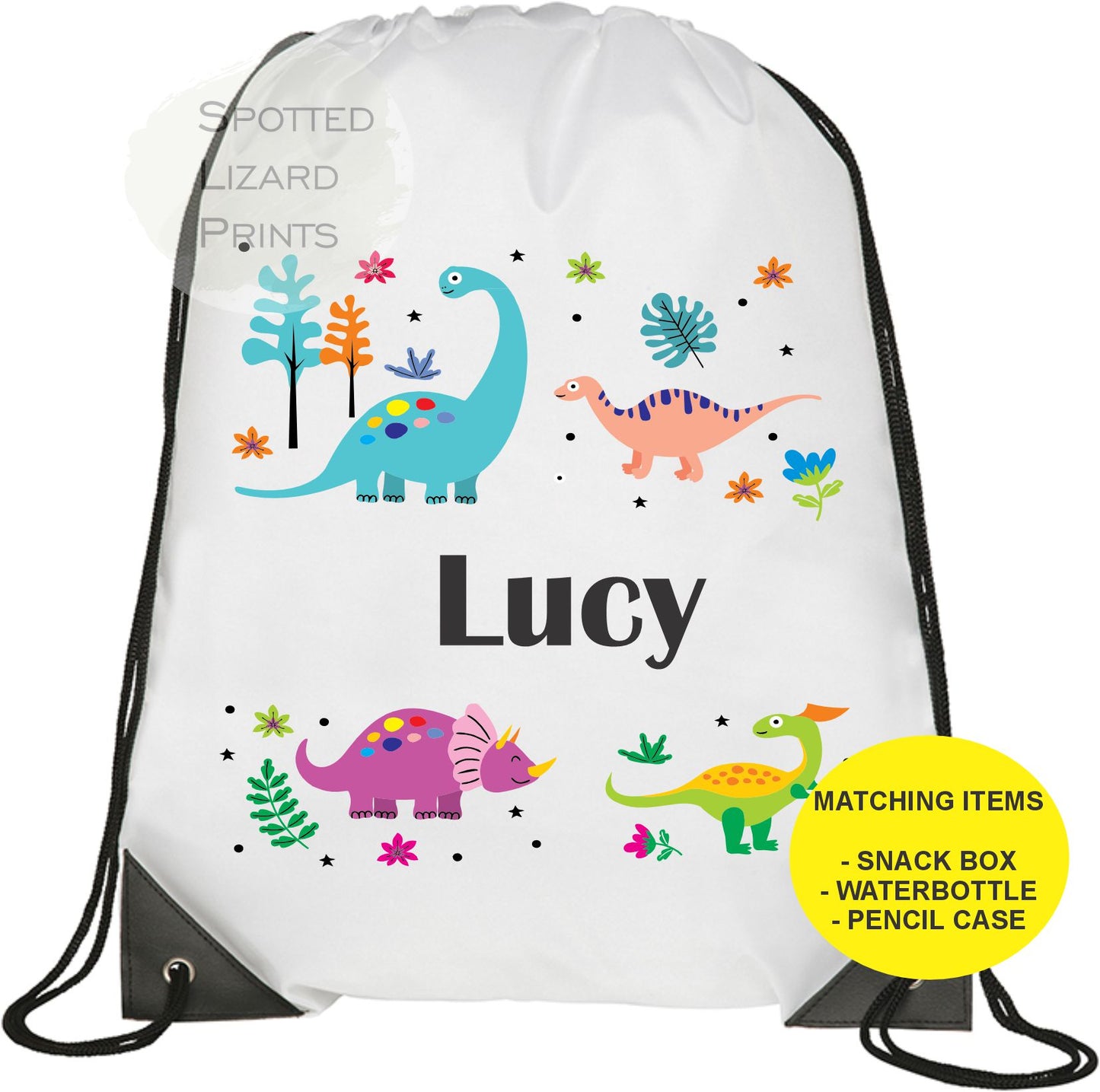 White drawstring Bag. Dinosaurs. Personalised with a name.