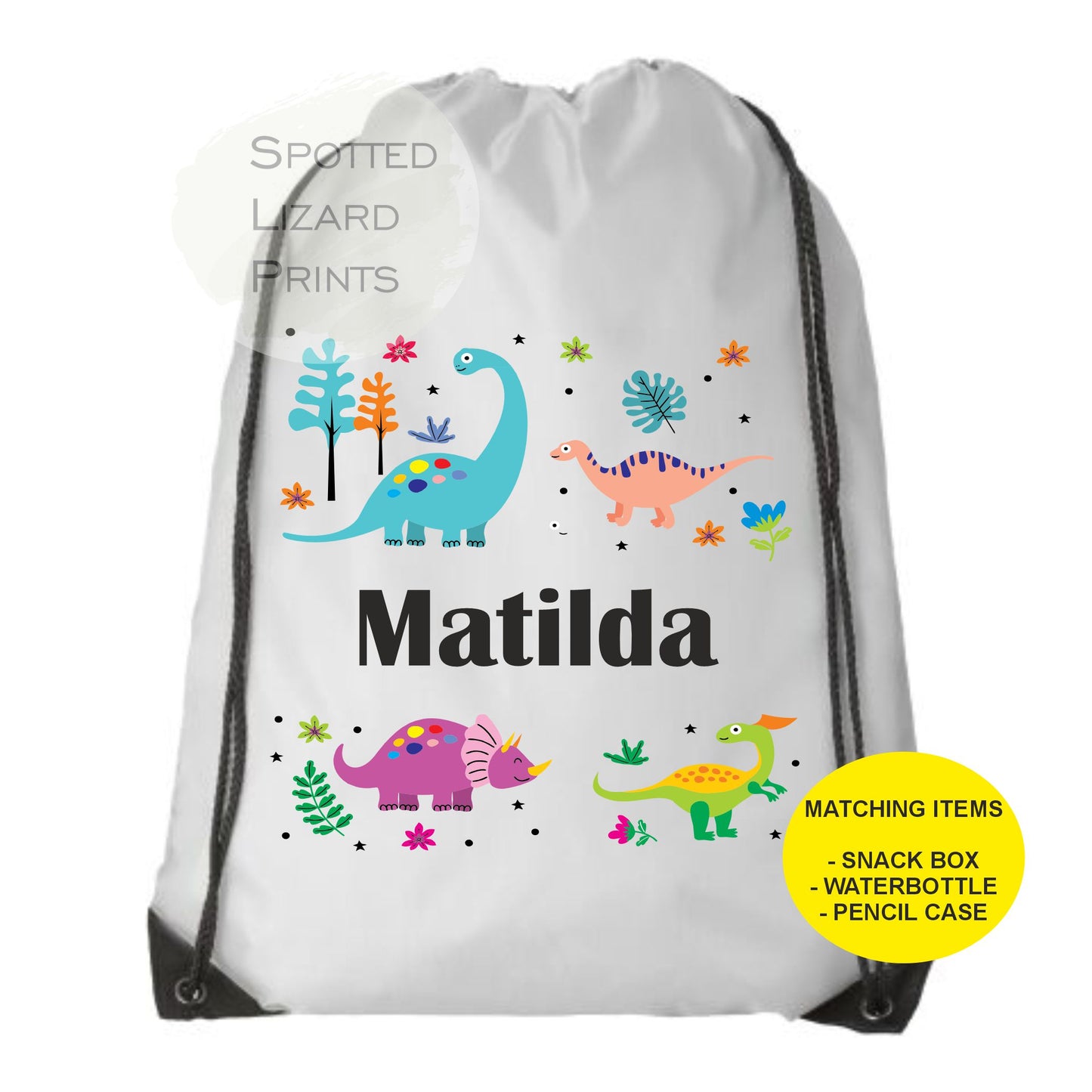 White drawstring bag. Dinosaurs. Personalised with a name.