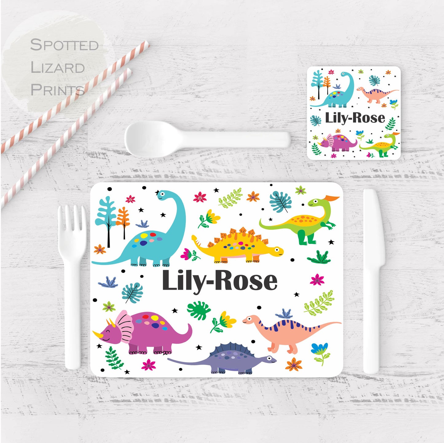 Personalised Dinosaur Placemat and Coaster Set, Kid's Dinner Set, Dinosaurs gift, Children's Birthday Gift, Dinosaurs Placemat