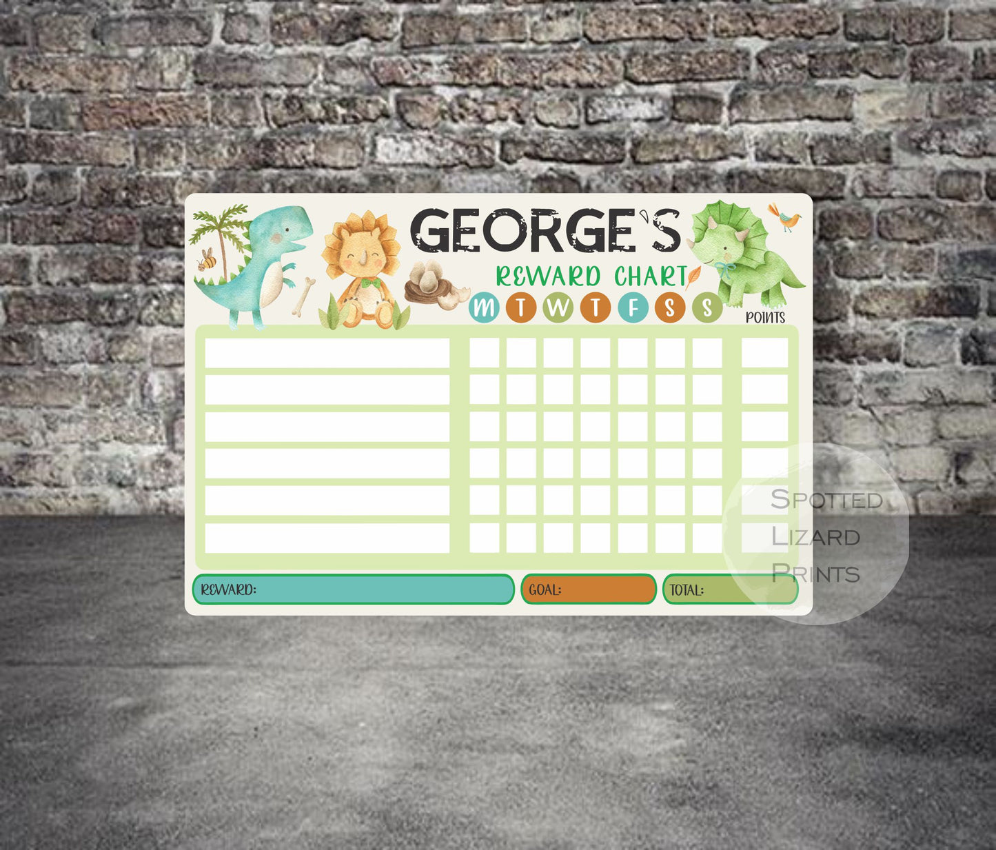 Children's reward chart. Personalised aluminium sign. Dinosaur theme.