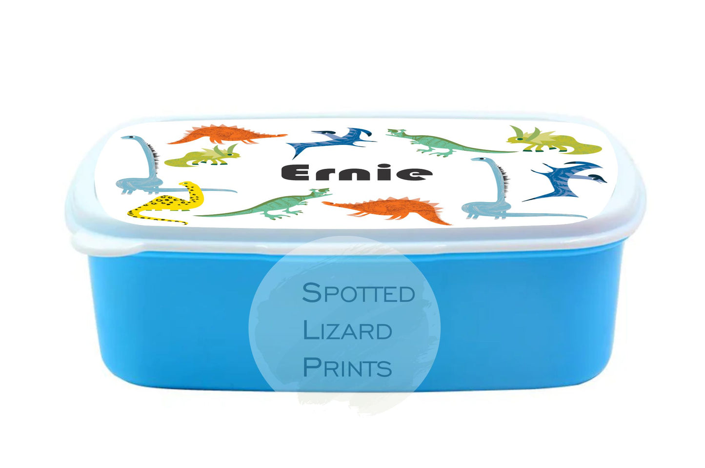 Blue Kids lunch Box. Dinosaurs. Personalised with a name.
