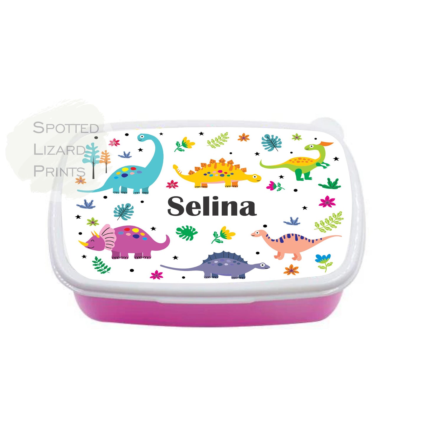 Dinosaur Lunch Box. Personalised Gift for Kids. Pink lunch Box