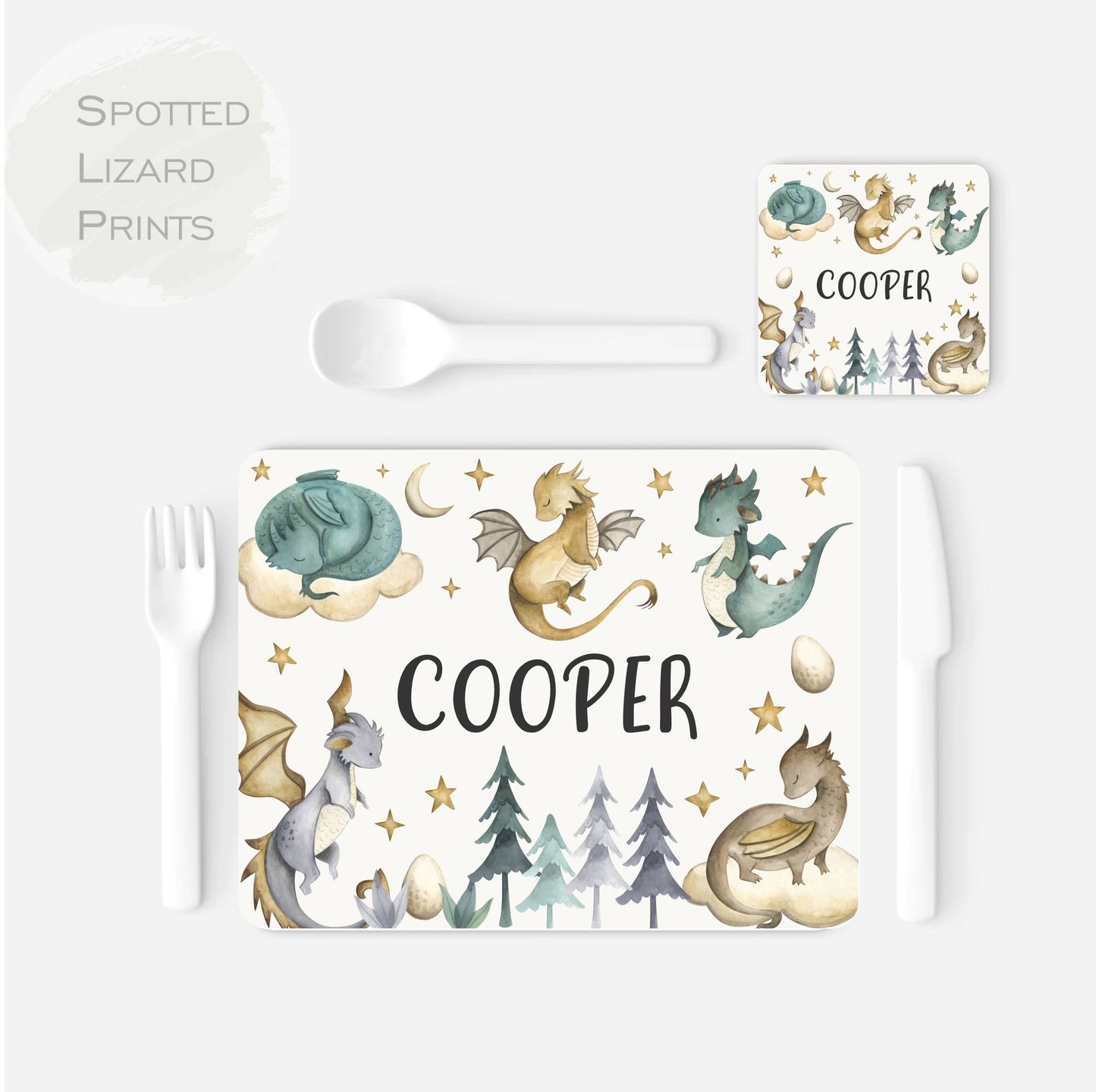Children's placemat set. Personalised with a name. Dragon theme.