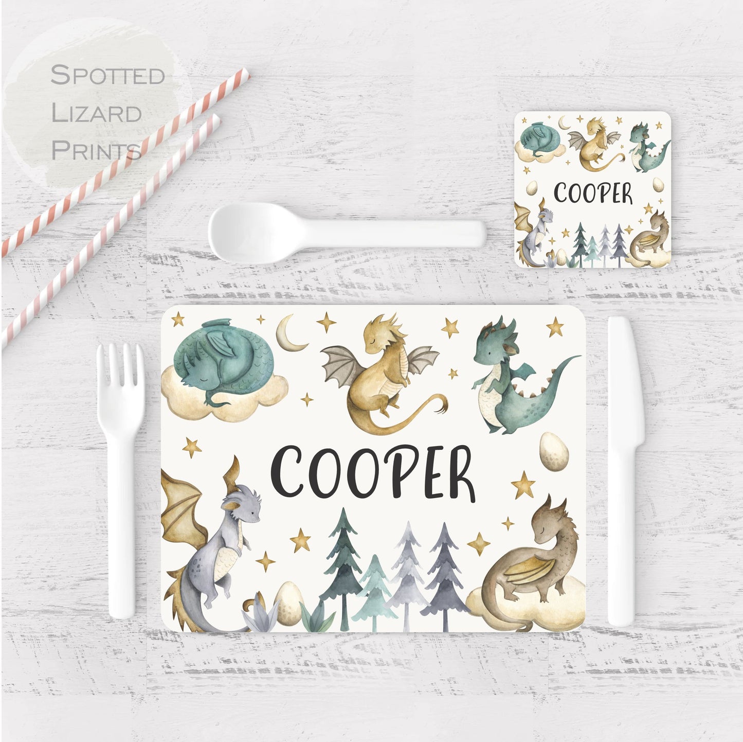 Children's placemat set. Personalised with a name. Dragon theme.