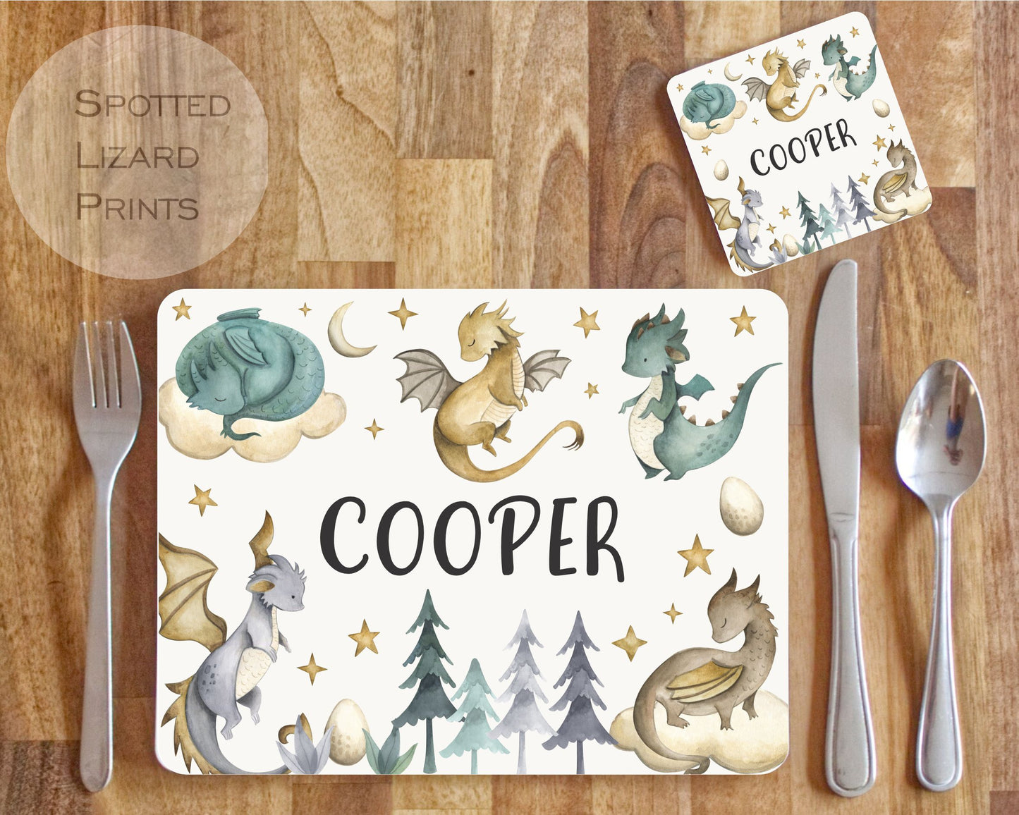 Children's placemat set. Personalised with a name. Dragon theme.