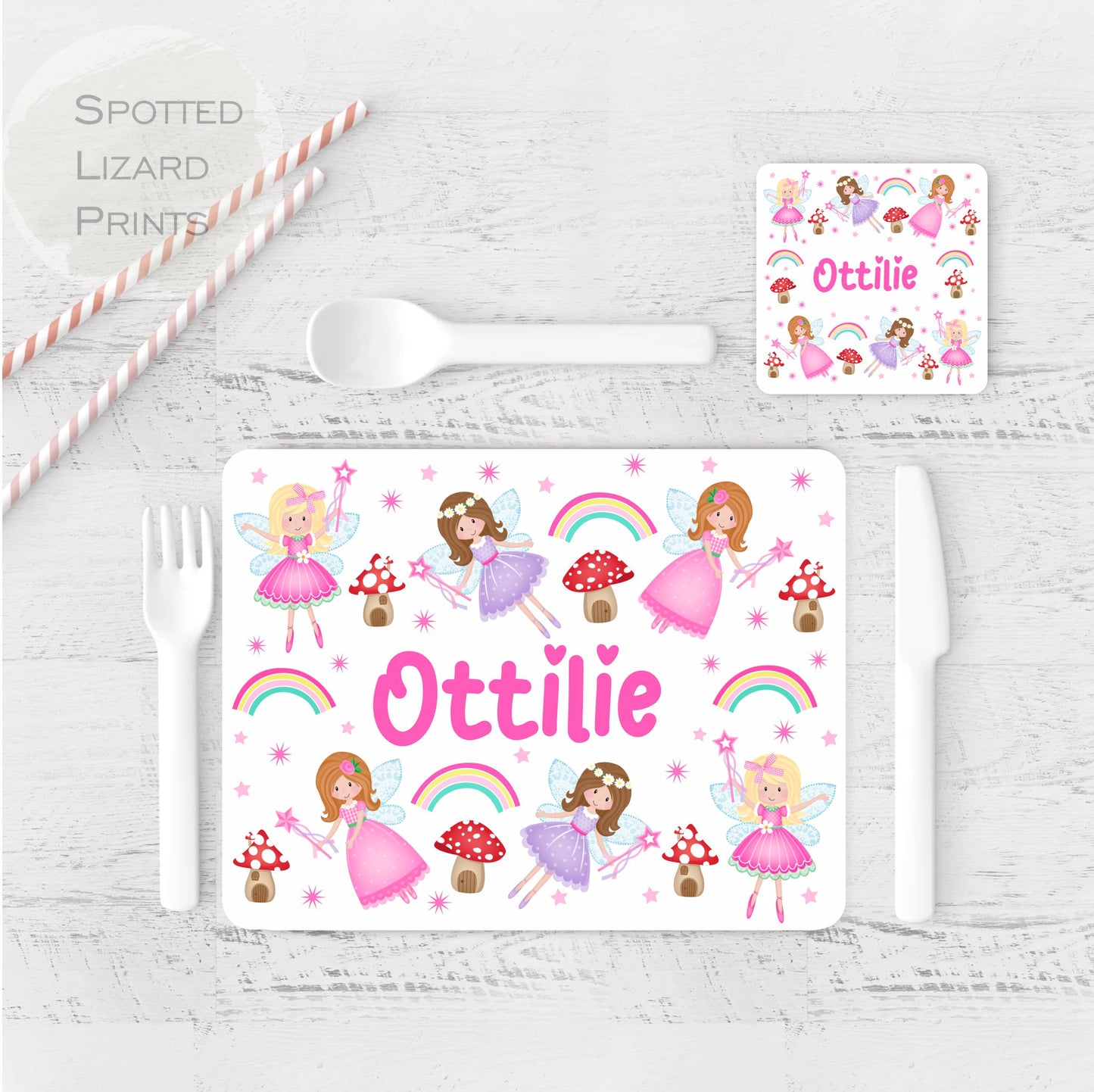 Personalised Princess Placemat and Coaster Set, Kid's Dinner Set, Fairies gift, Children's Birthday Gift, Fairies Placemat