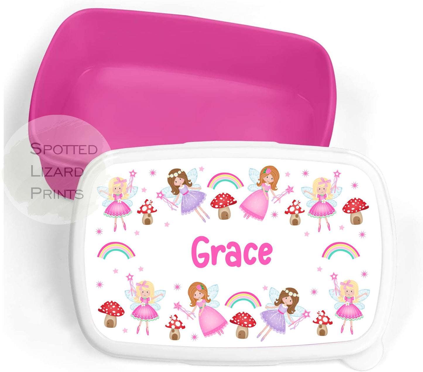 Pink Girls lunch Box. Fairy themed. Personalised with a name.