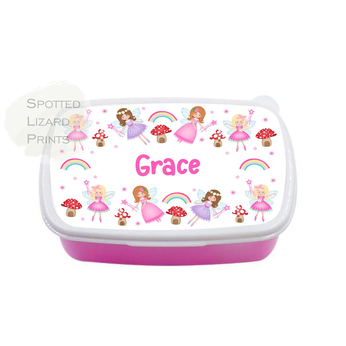 Pink Girls lunch Box. Fairy themed. Personalised with a name.