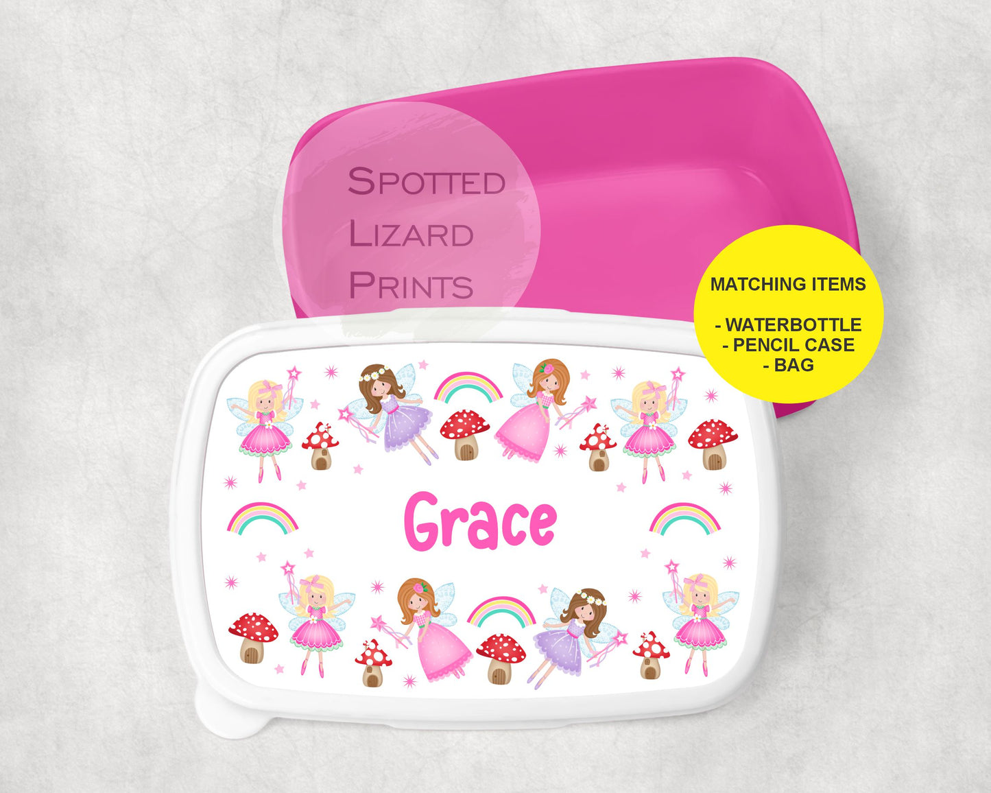 Pink Girls lunch Box. Fairy themed. Personalised with a name.
