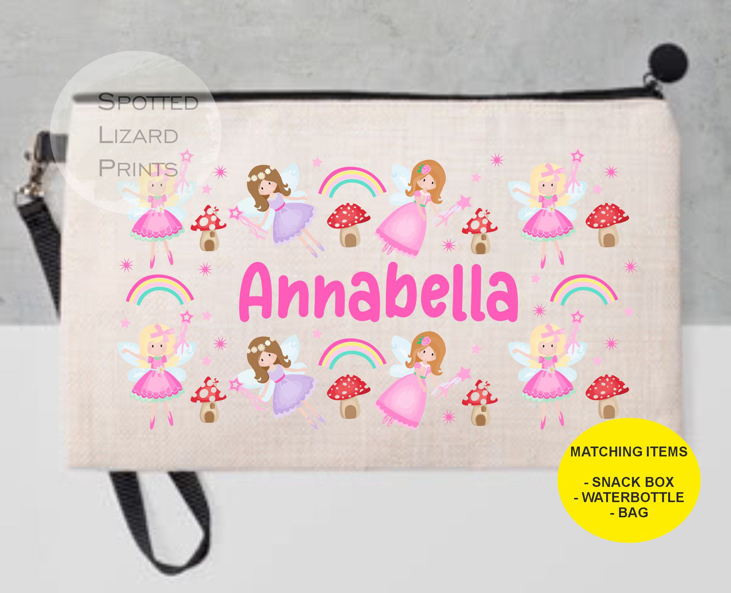 White pencil case. Fairy themed. Personalised with a name.