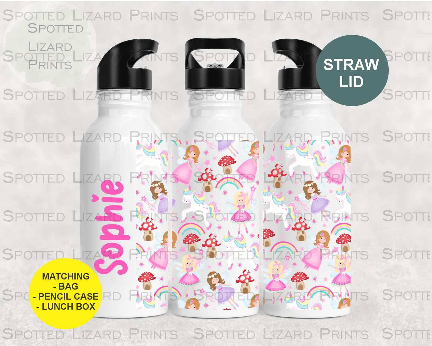 Aluminium water bottle. Fairy themed. Personalised with a name.