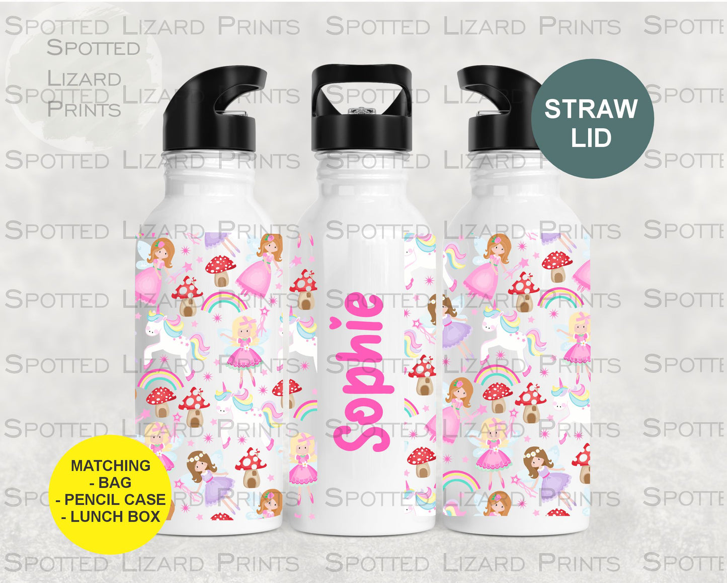 White aluminium water bottle. Fairy themed. Personalised with a name.