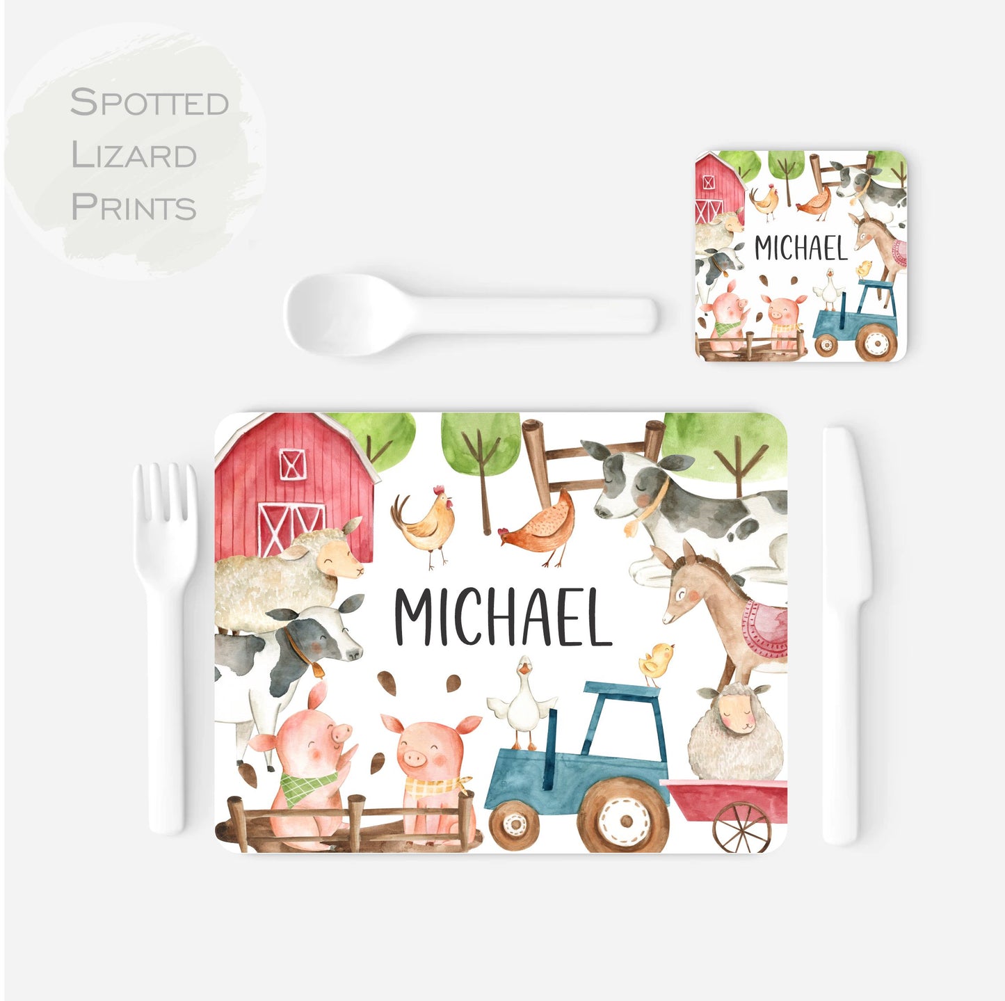 Children's placemat set. Personalised with a name. Farm animals theme.