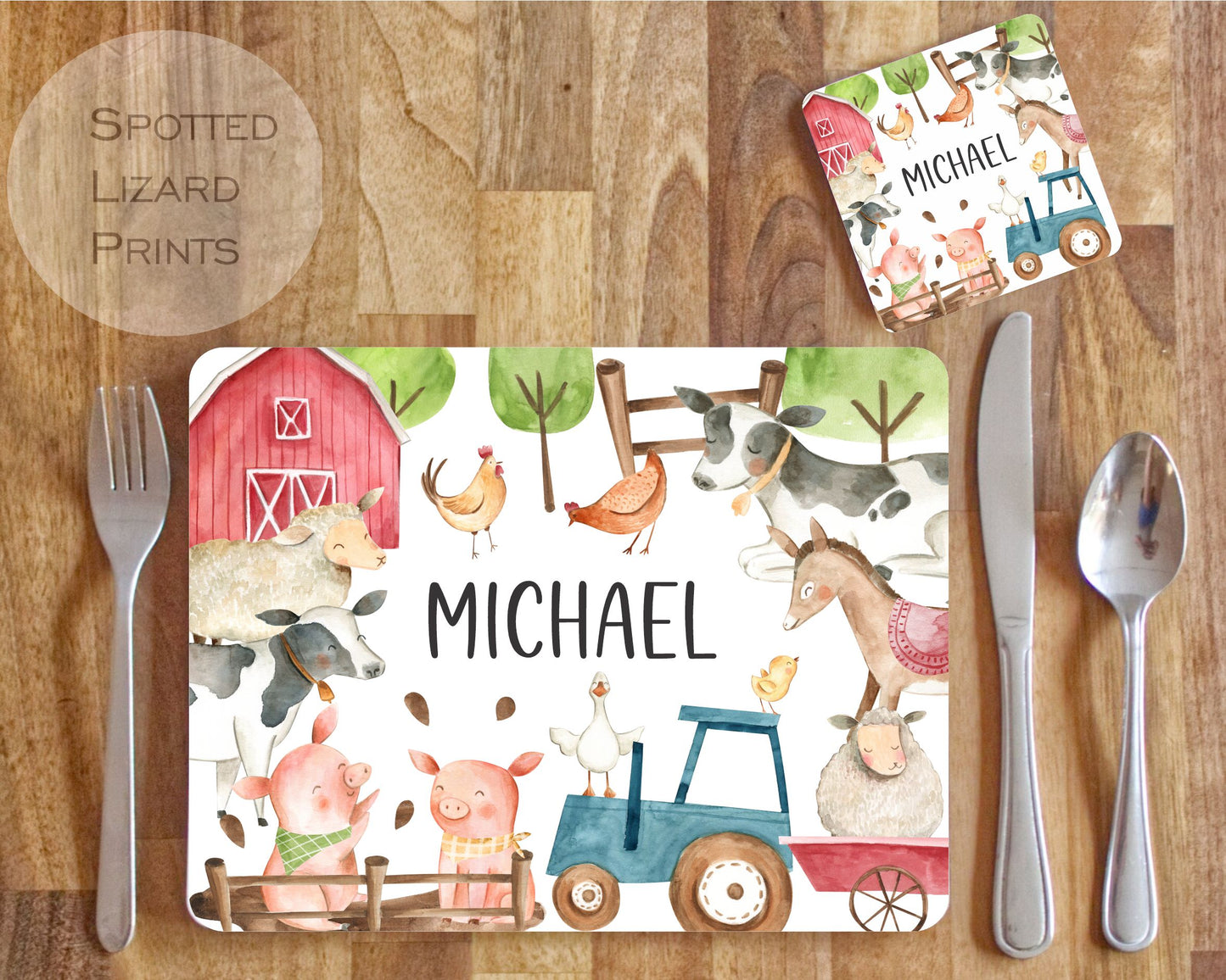 Children's placemat set. Personalised with a name. Farm animals theme.