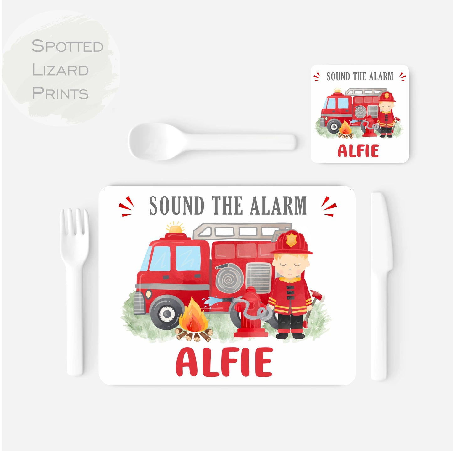 Personalised Fire Engine Placemat and Coaster Set, Kid's Dinner Set, Fire Engine gift, Children's Birthday Gift, Fire Engine Placemat
