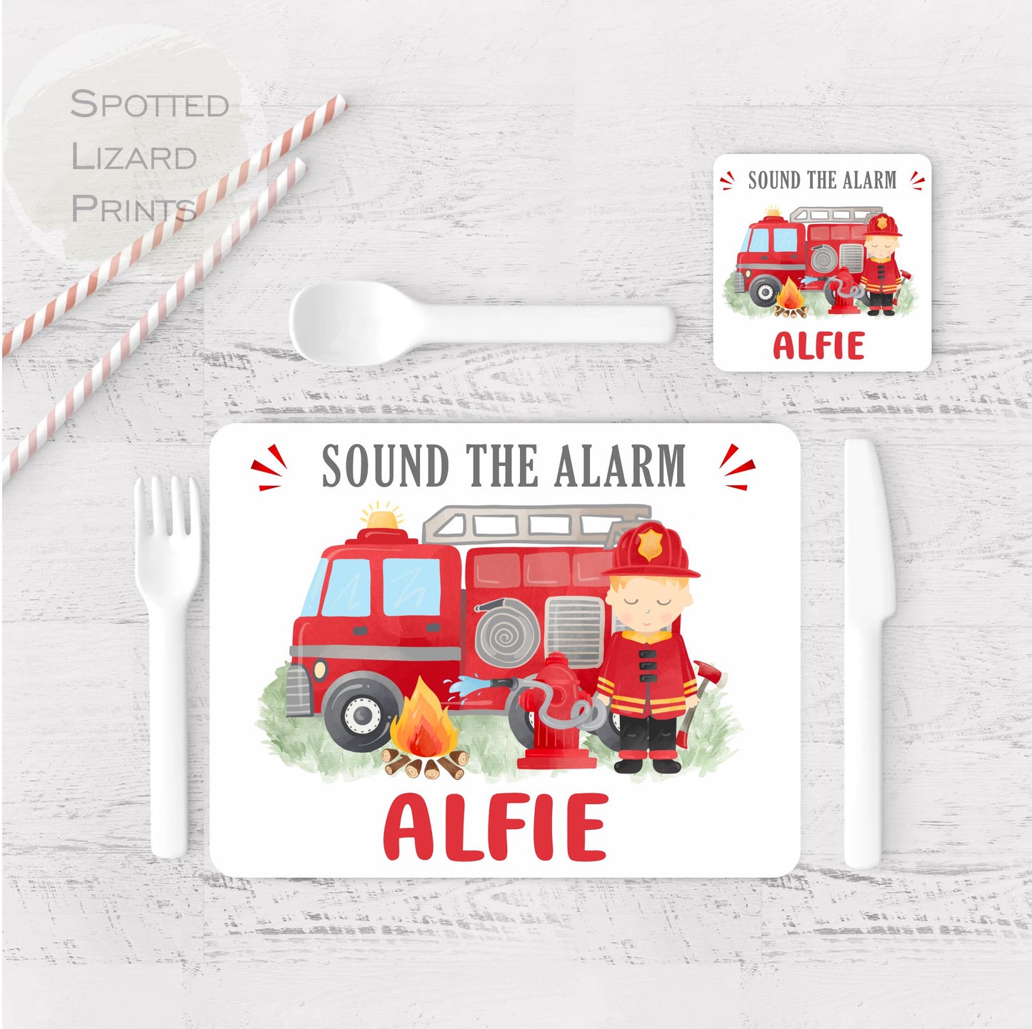 Personalised Fire Engine Placemat and Coaster Set, Kid's Dinner Set, Fire Engine gift, Children's Birthday Gift, Fire Engine Placemat