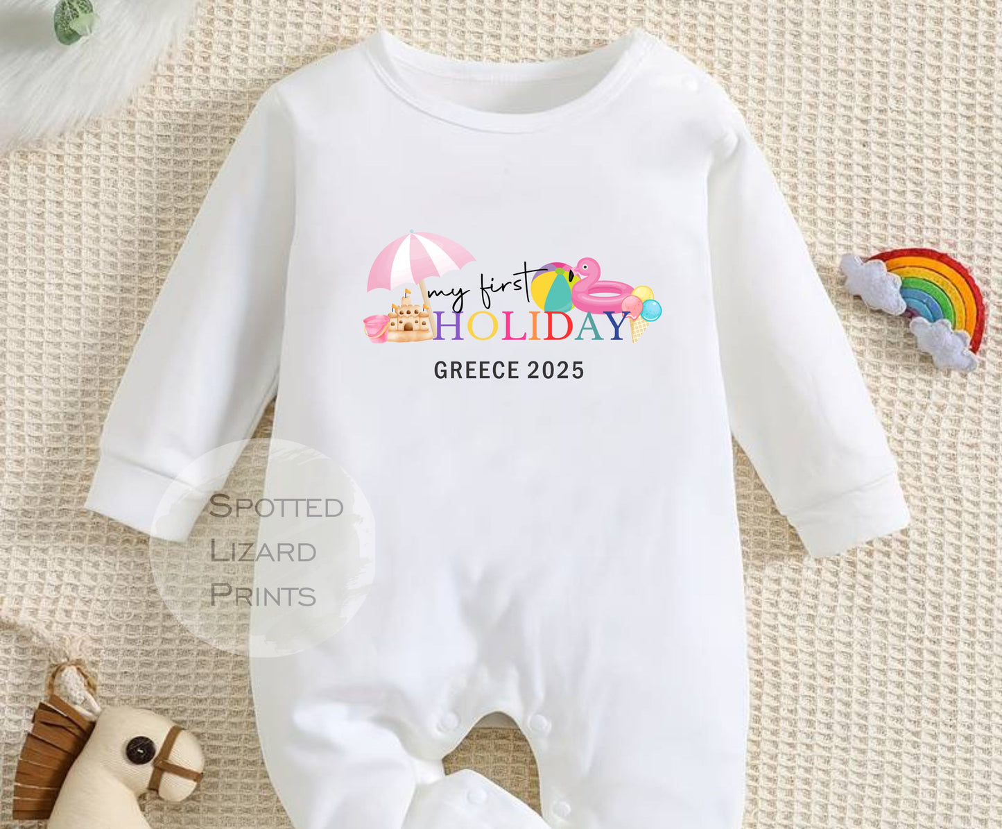 Personalised My first Holiday - Holiday Clothes - Baby 1st Holiday - Travel abroad Summer Holiday - First Holiday Sleepsuit, Vest or T-shirt