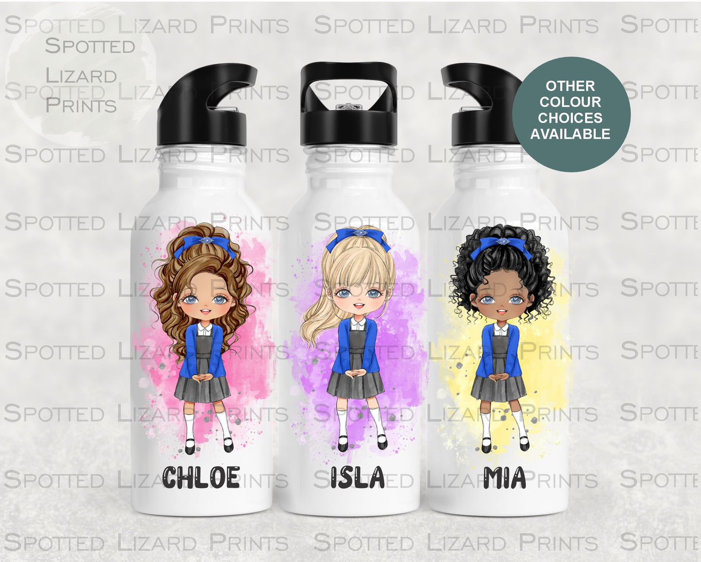 White Aluminium water Bottle. Personalised with a name. Personalised own image for back to school