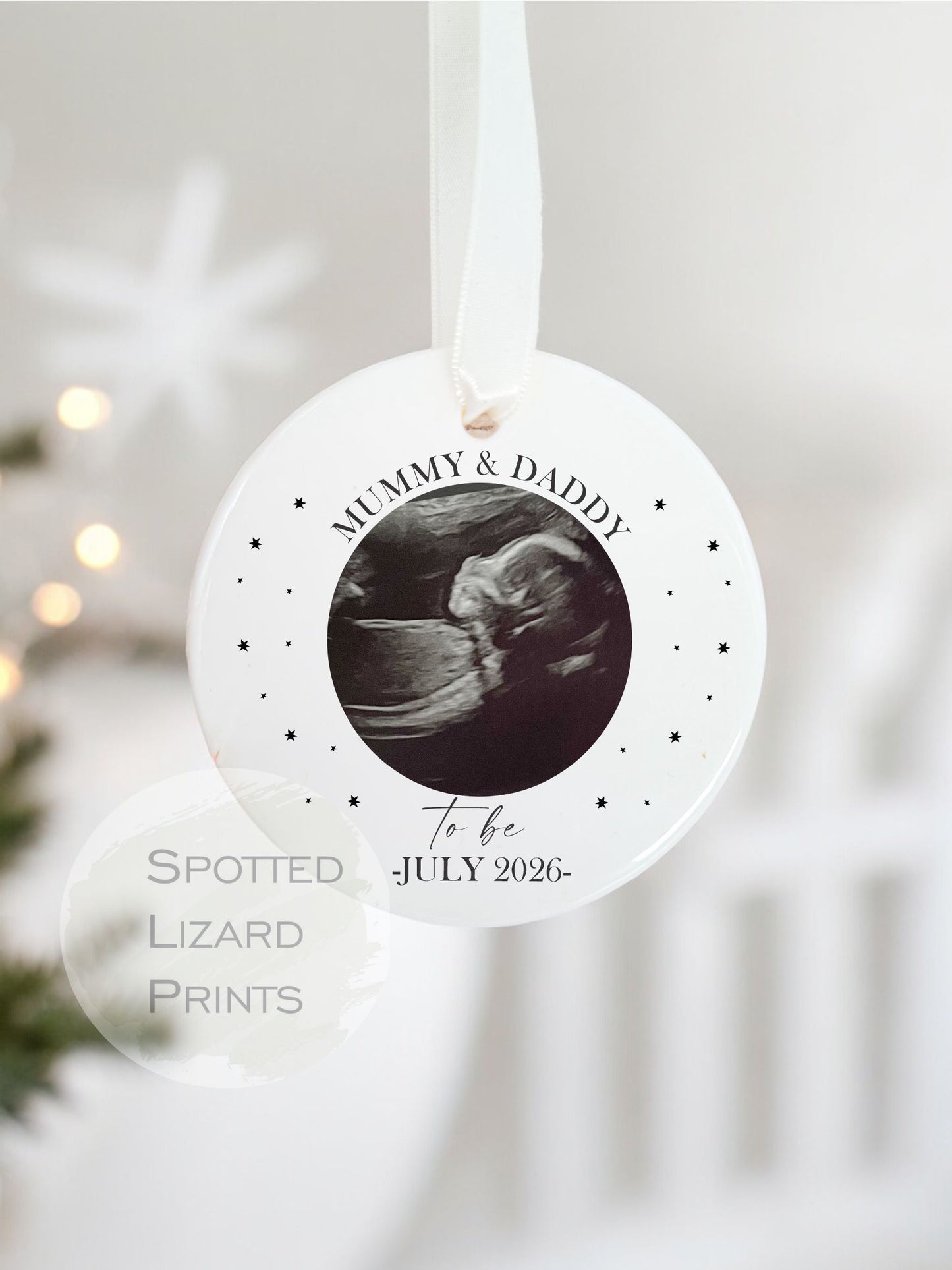 Personalised Mummy & Daddy to be bauble - Scan Photo Gift, Baby Announcement, Coming Soon, Mummy and Daddy Scan Ornament, Hand Printed Gift