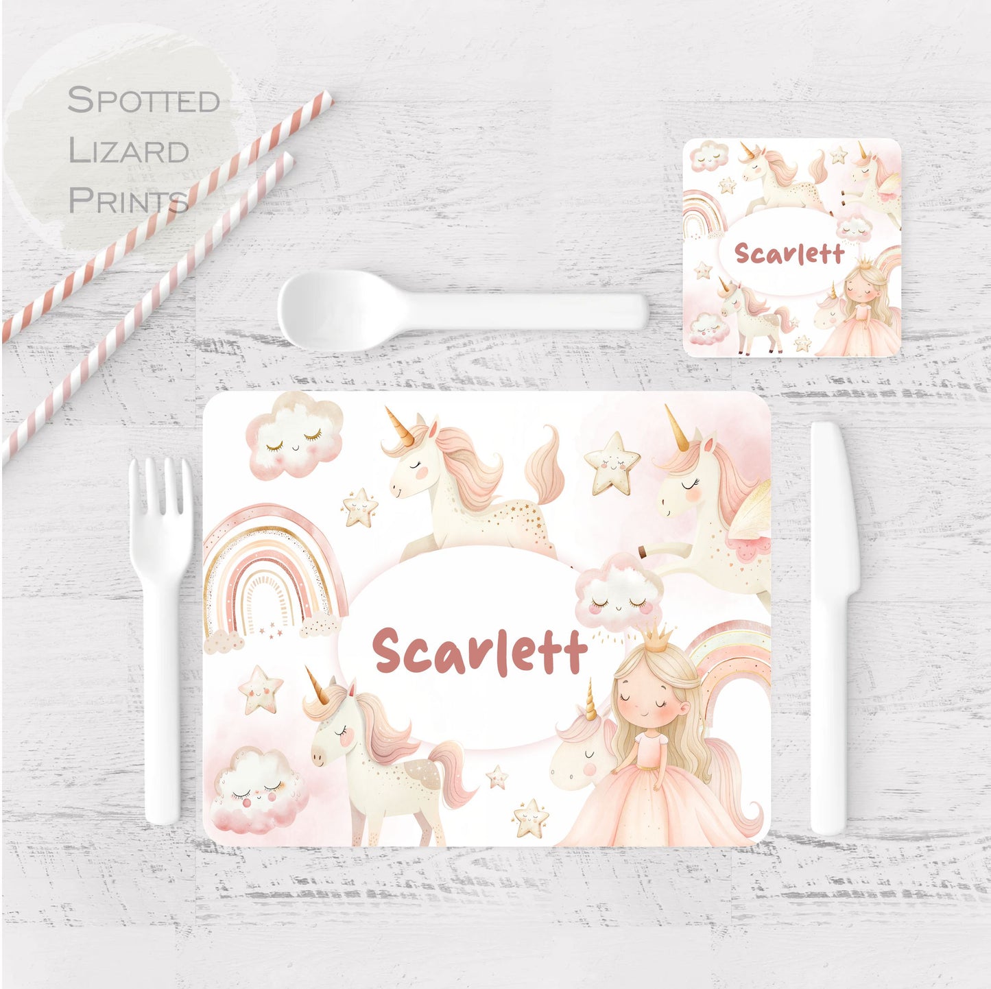 personalised magical unicorn children's placemat and coaster set