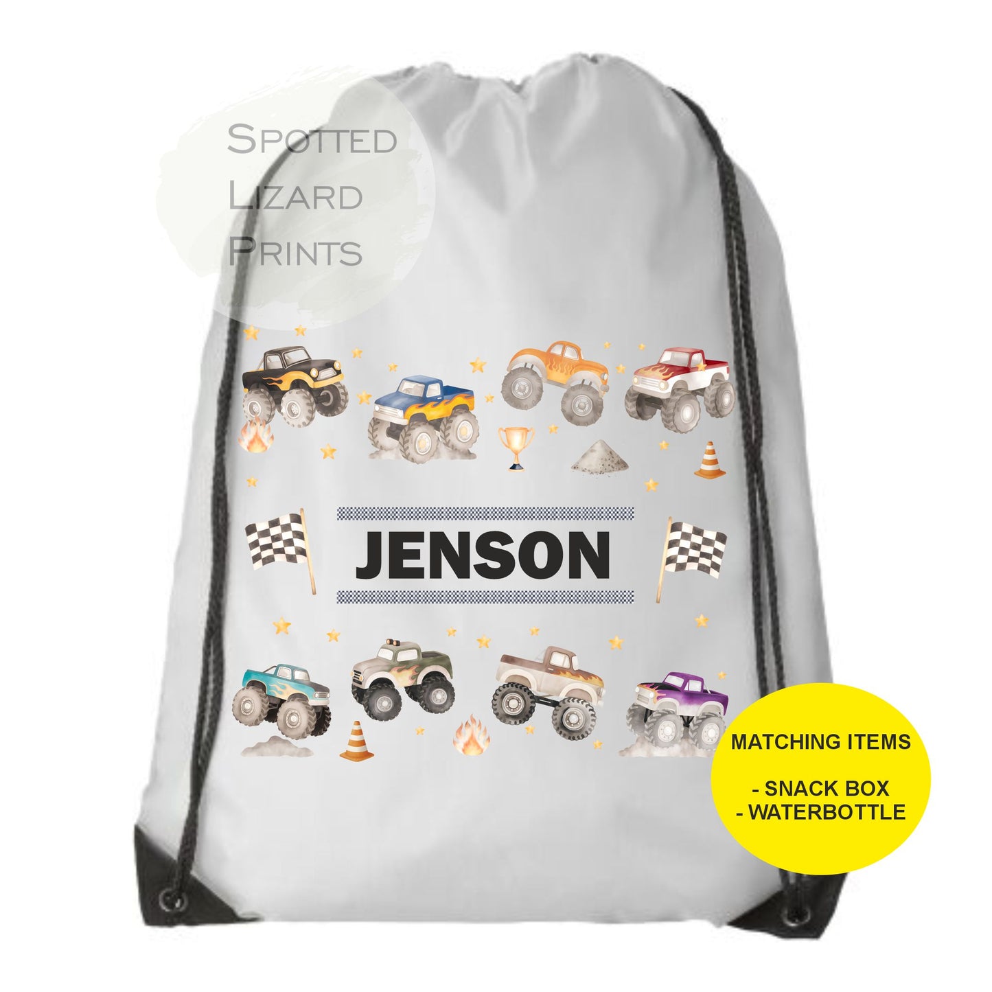Personalised Monster Trucks Drawstring Bag - Kids School Bag - Swimming Bag - Back to School - Drawstring Bag Kids - PE Bag - Kit
