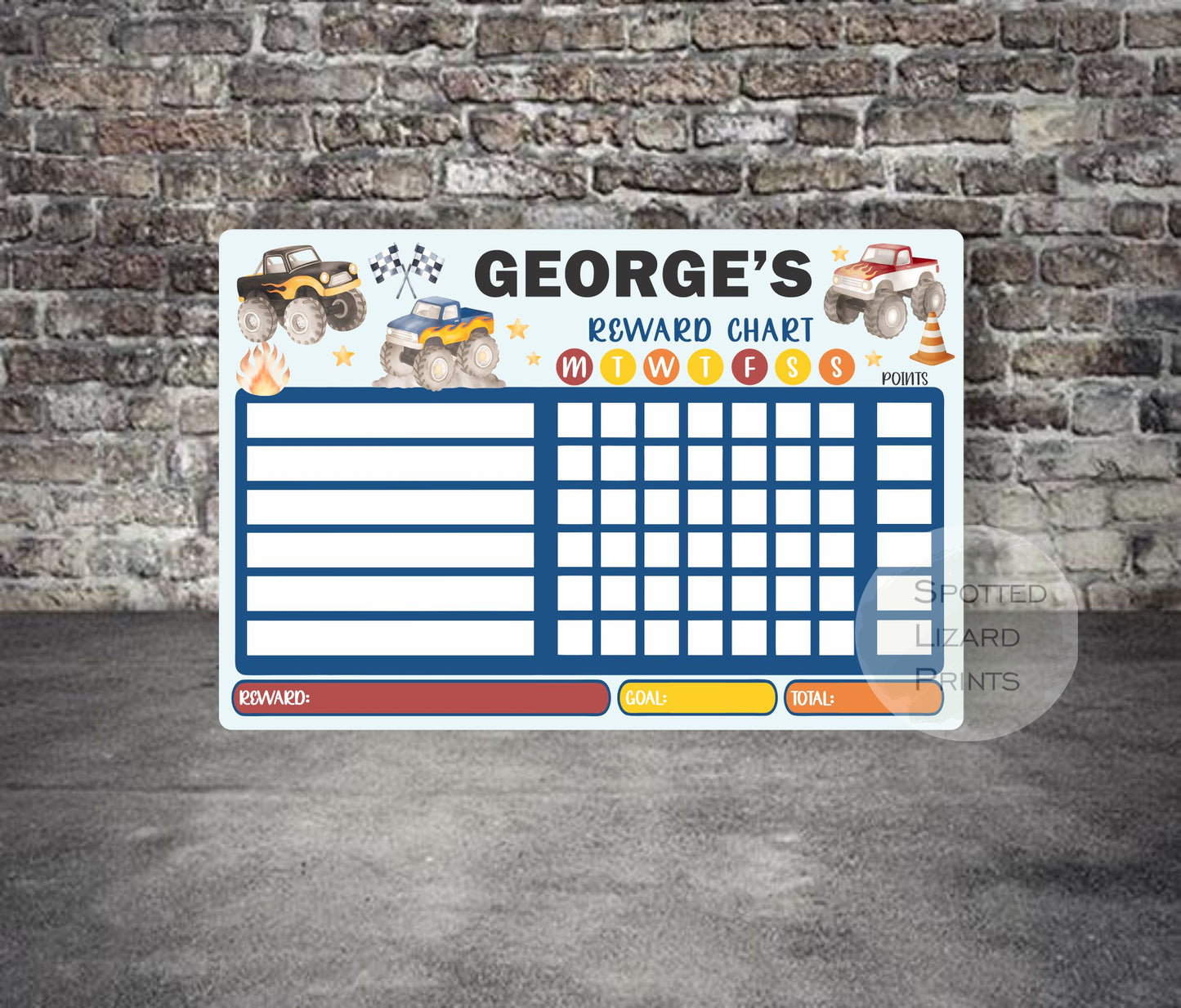 Monster trucks. Kids reward Chart. Gift for kids. Personalised Gift. Behavioural chart.