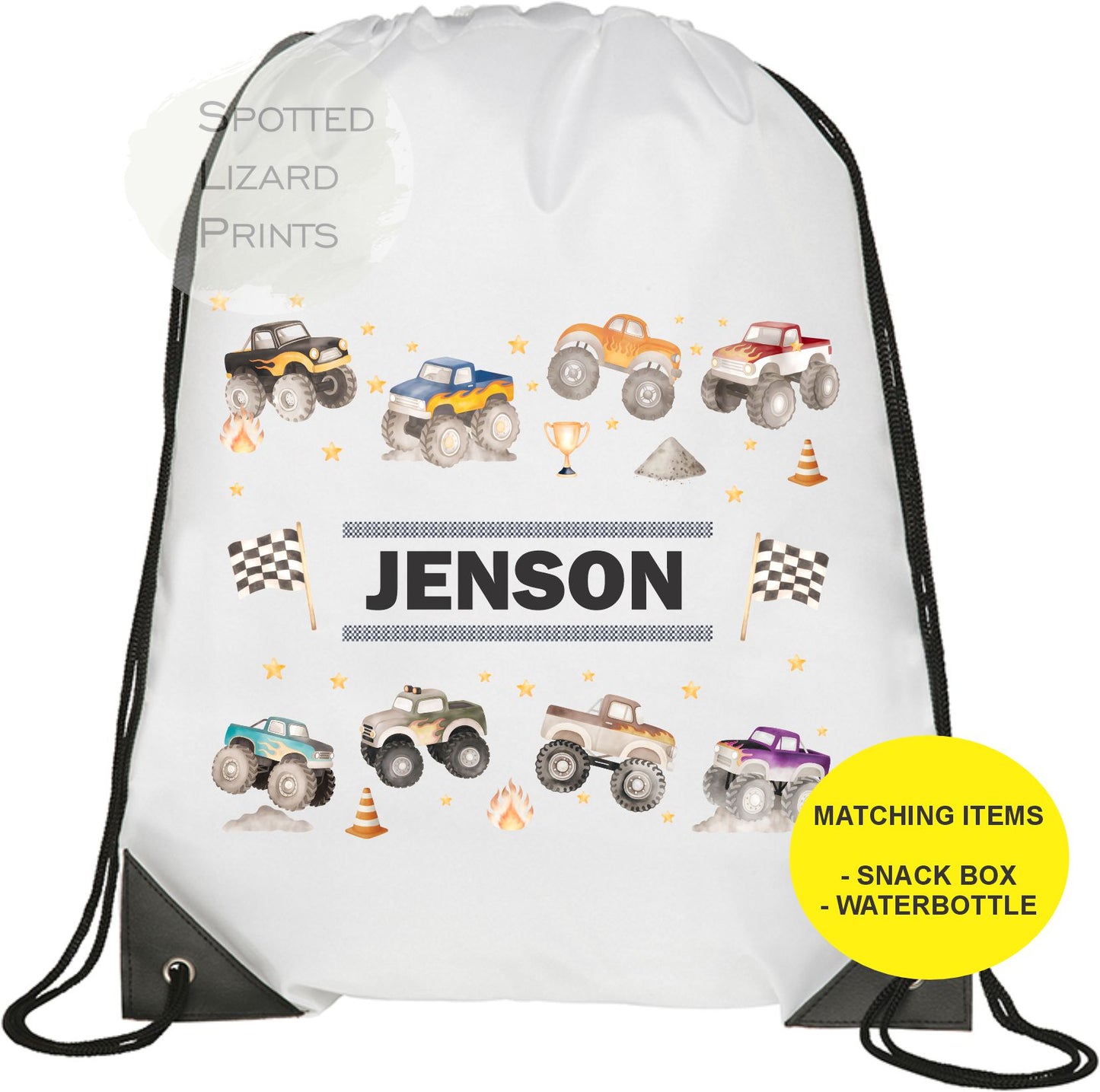 Personalised Monster Trucks Drawstring Bag - Kids School Bag - Swimming Bag - Back to School - Drawstring Bag Kids - PE Bag - Kit